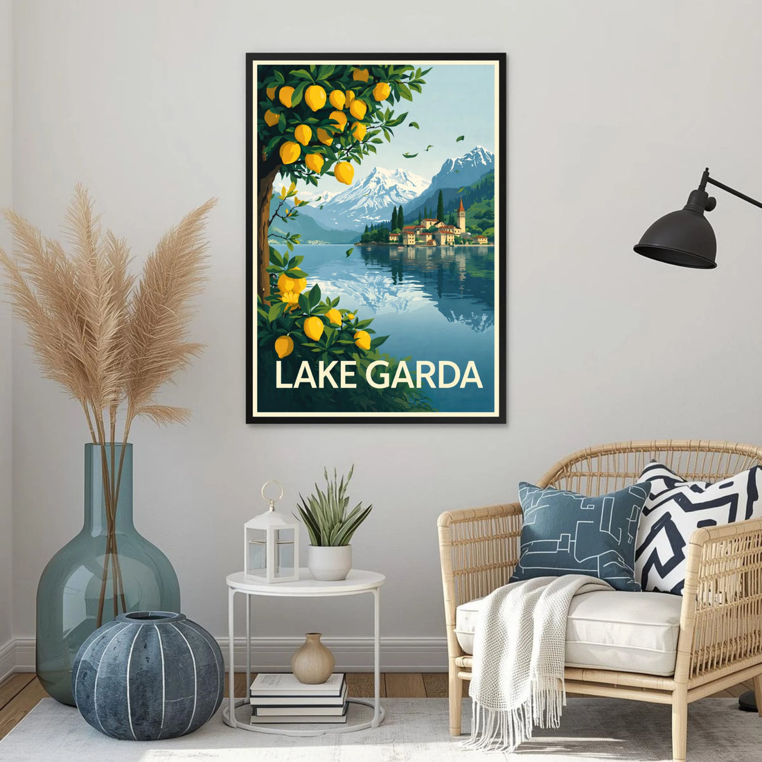 Poster of Lake Garda in a living room setting with decor elements.