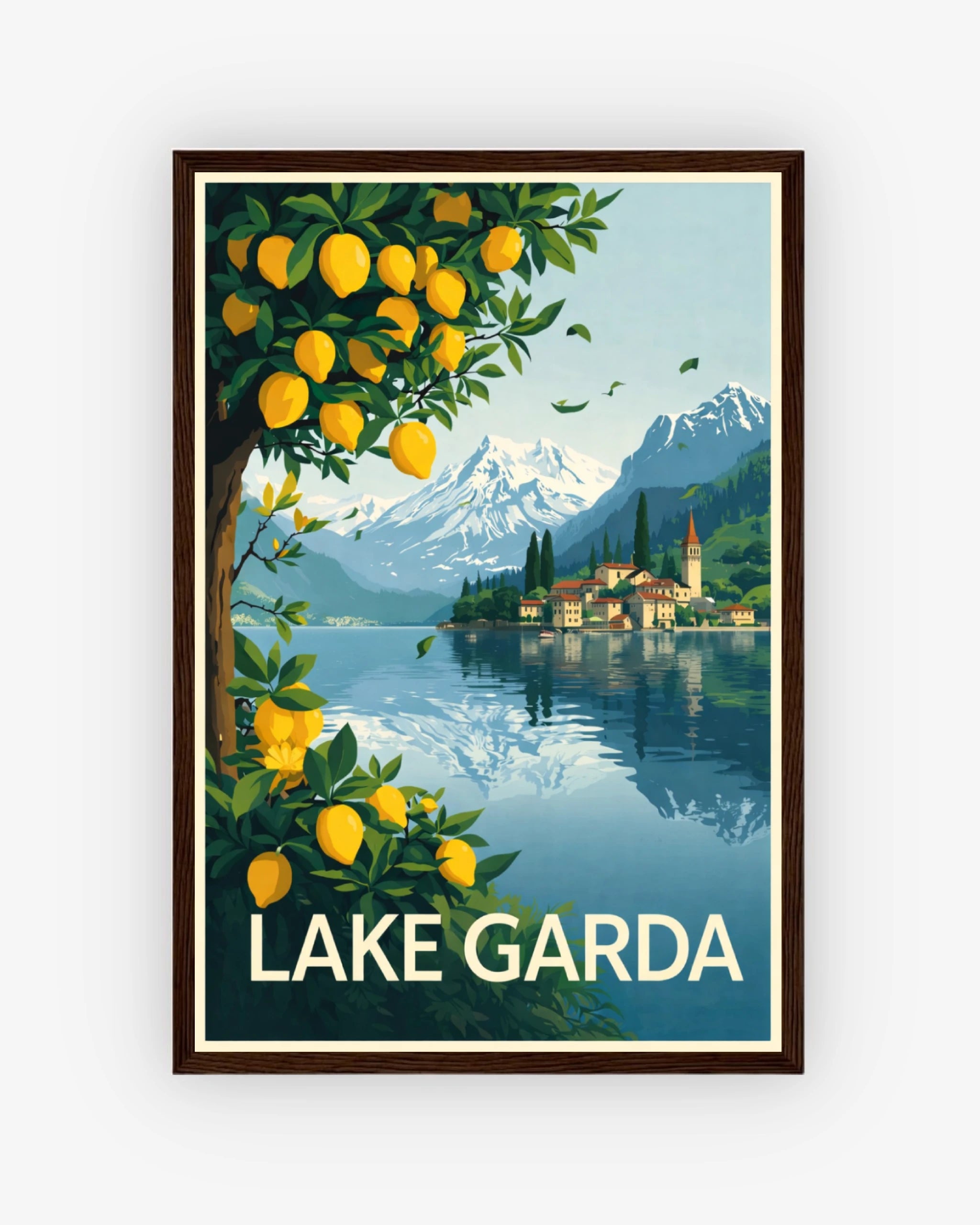 Lake Garda travel poster with dark wood frame