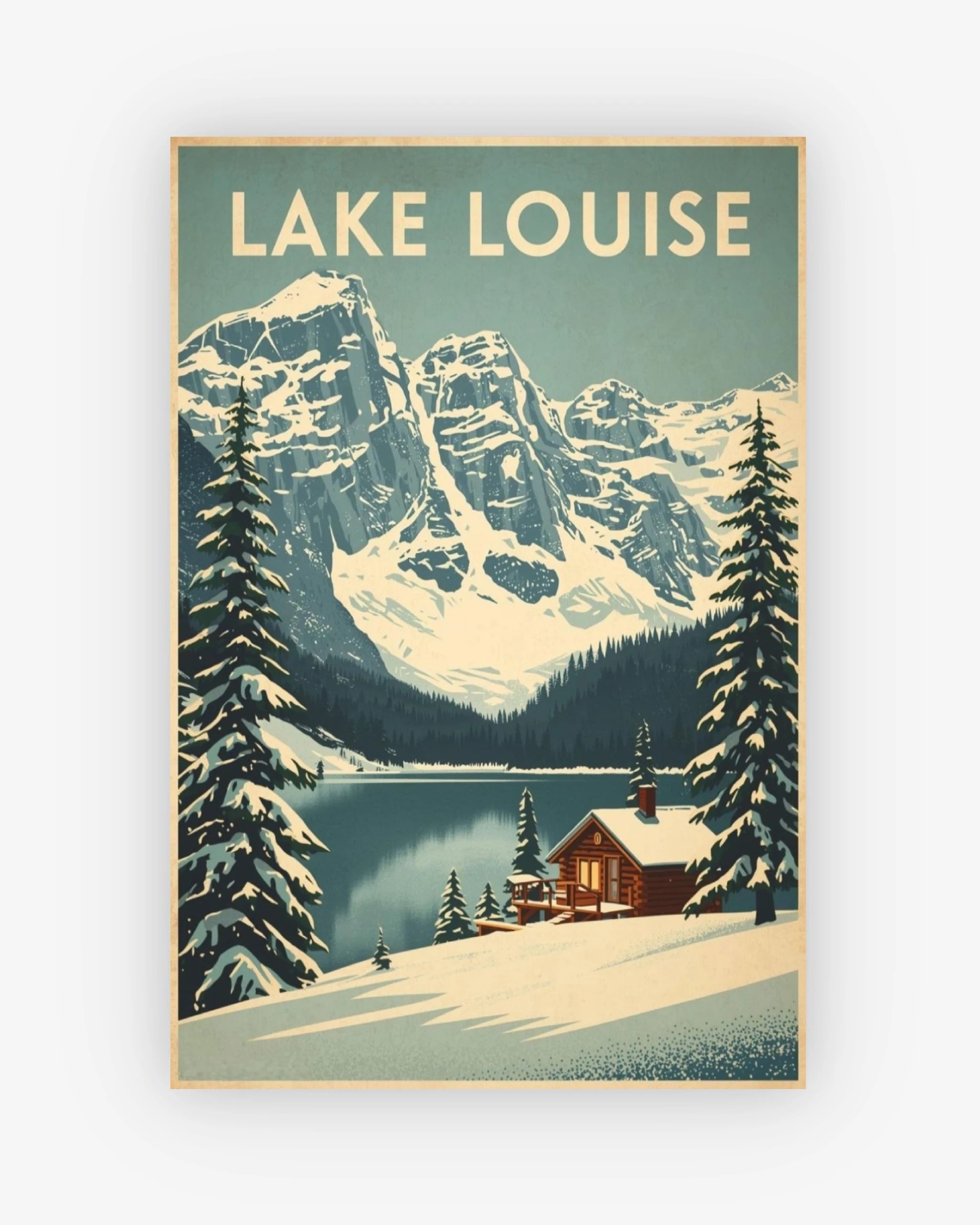 Framed artwork of Lake Louise with mountains and a cabin.