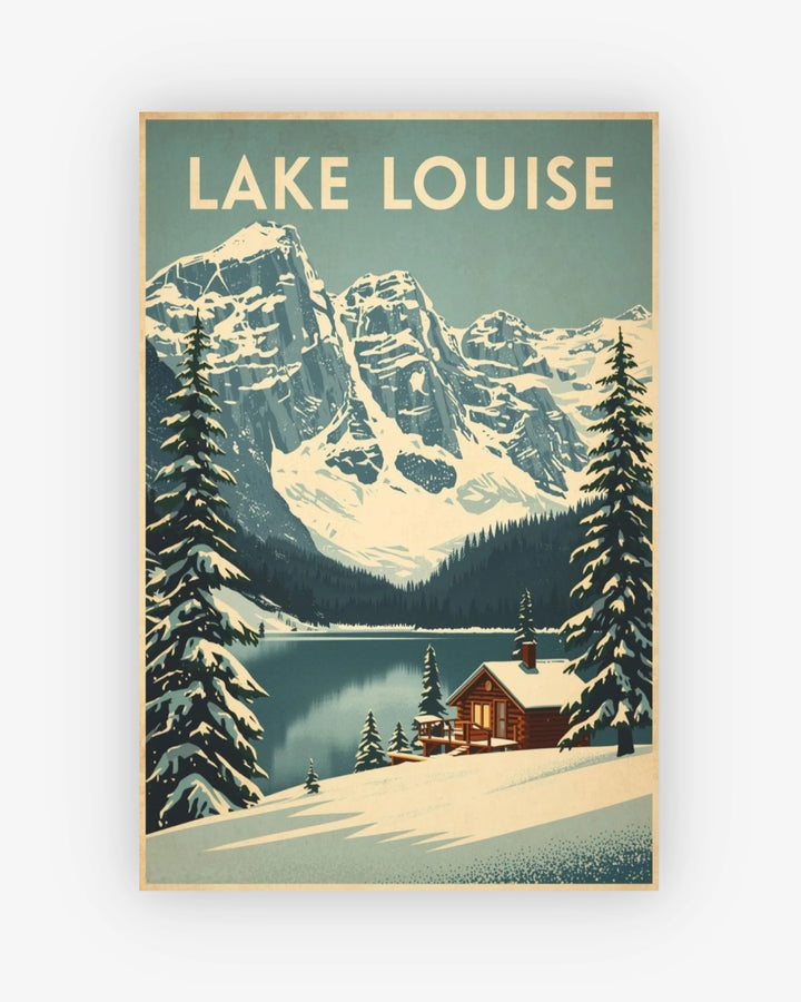 Framed artwork of Lake Louise with mountains and a cabin.