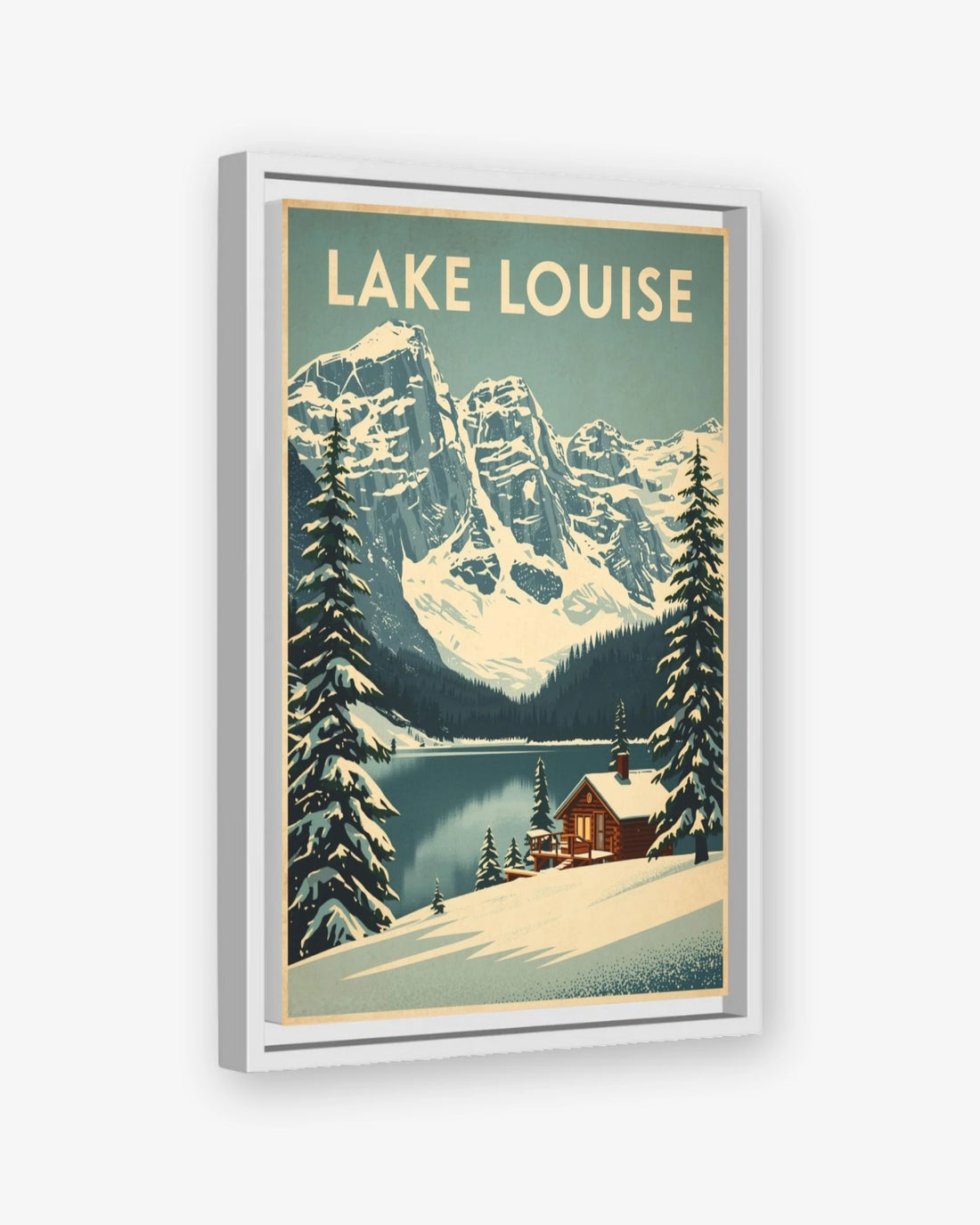 Lake Louise travel poster white framed canvas