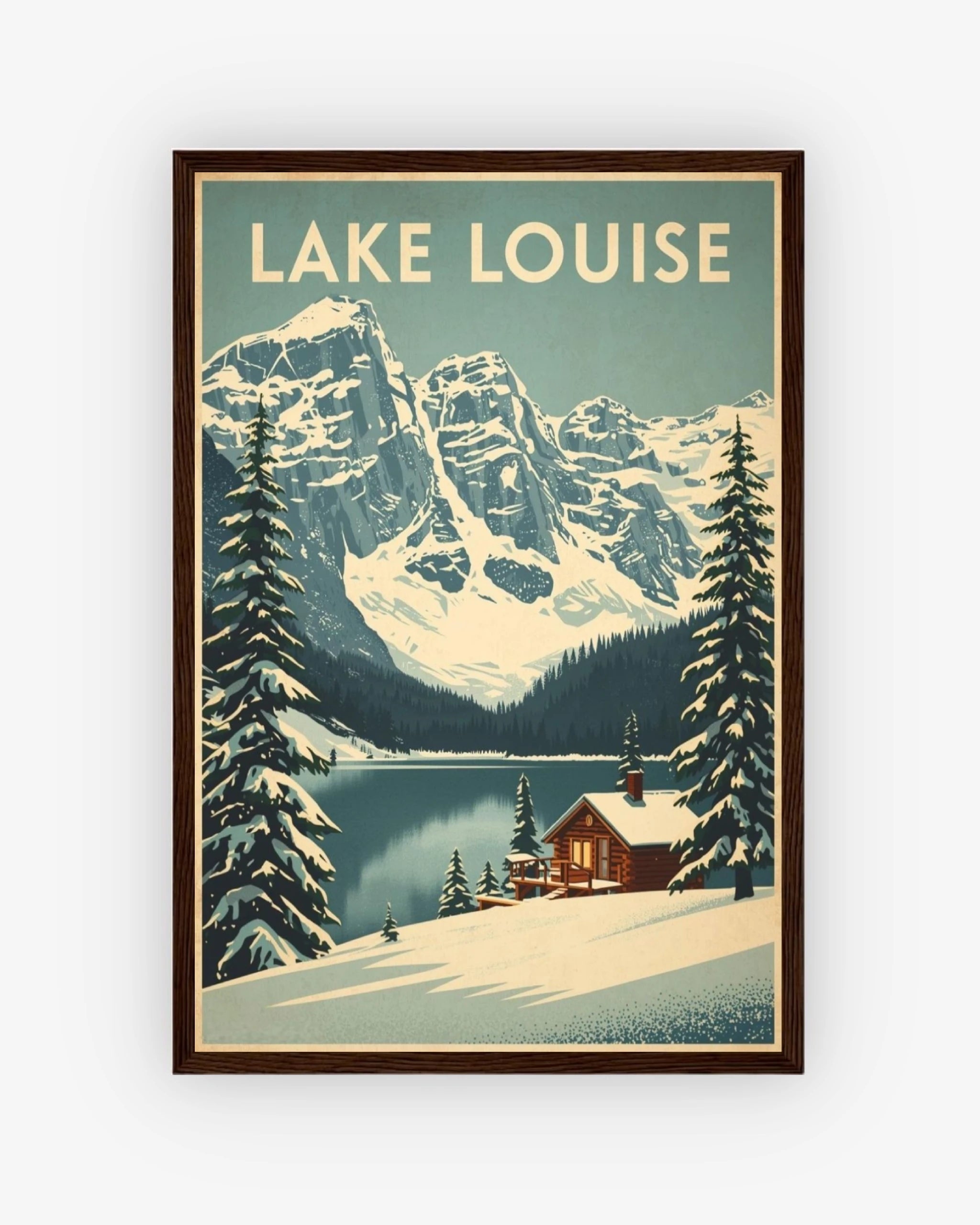 Lake Louise travel poster with dark wood frame