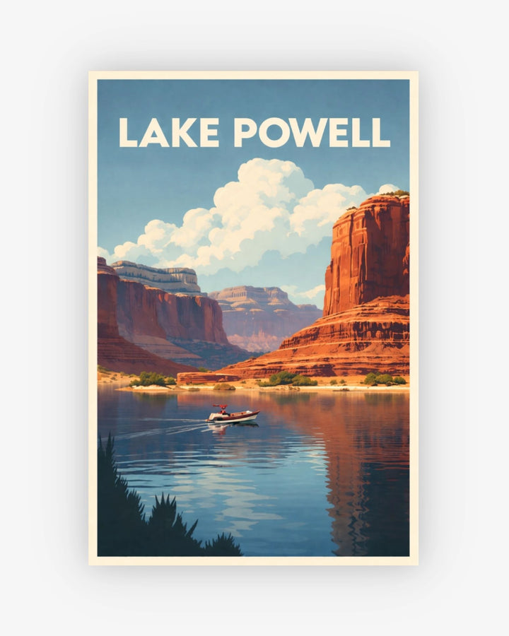 Lake Powell poster with red rock formations and a boat on the water.