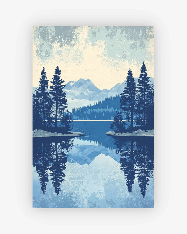 Scenic painting of a lake with trees and mountains