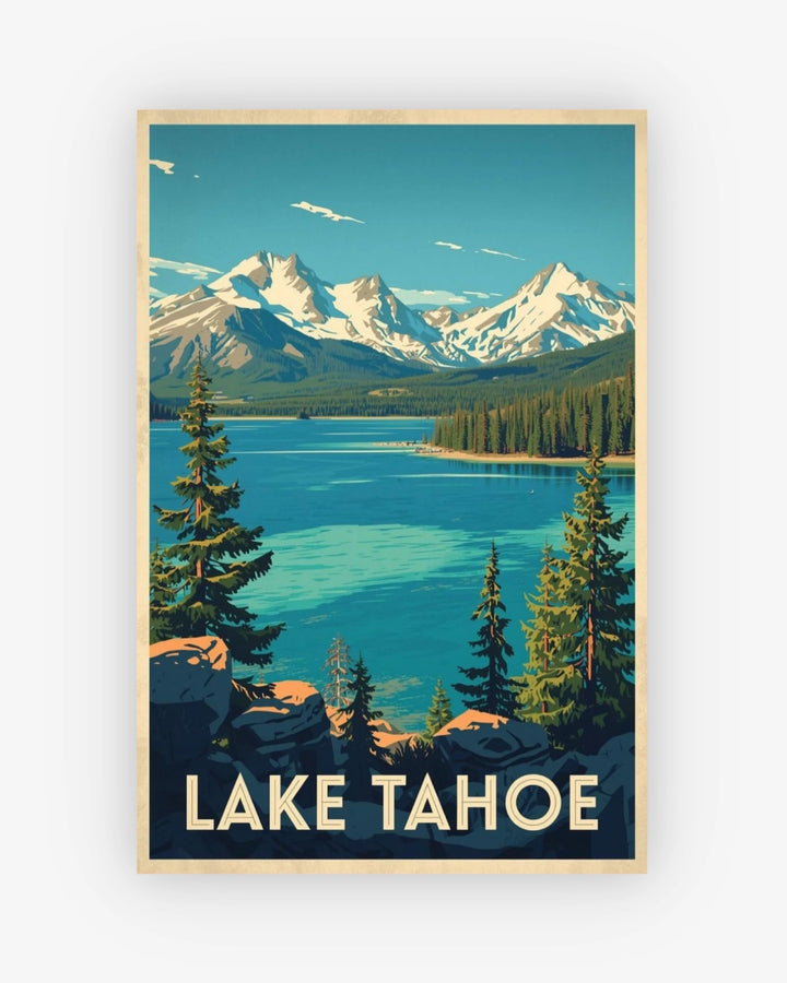Framed poster of Lake Tahoe with mountains and trees.