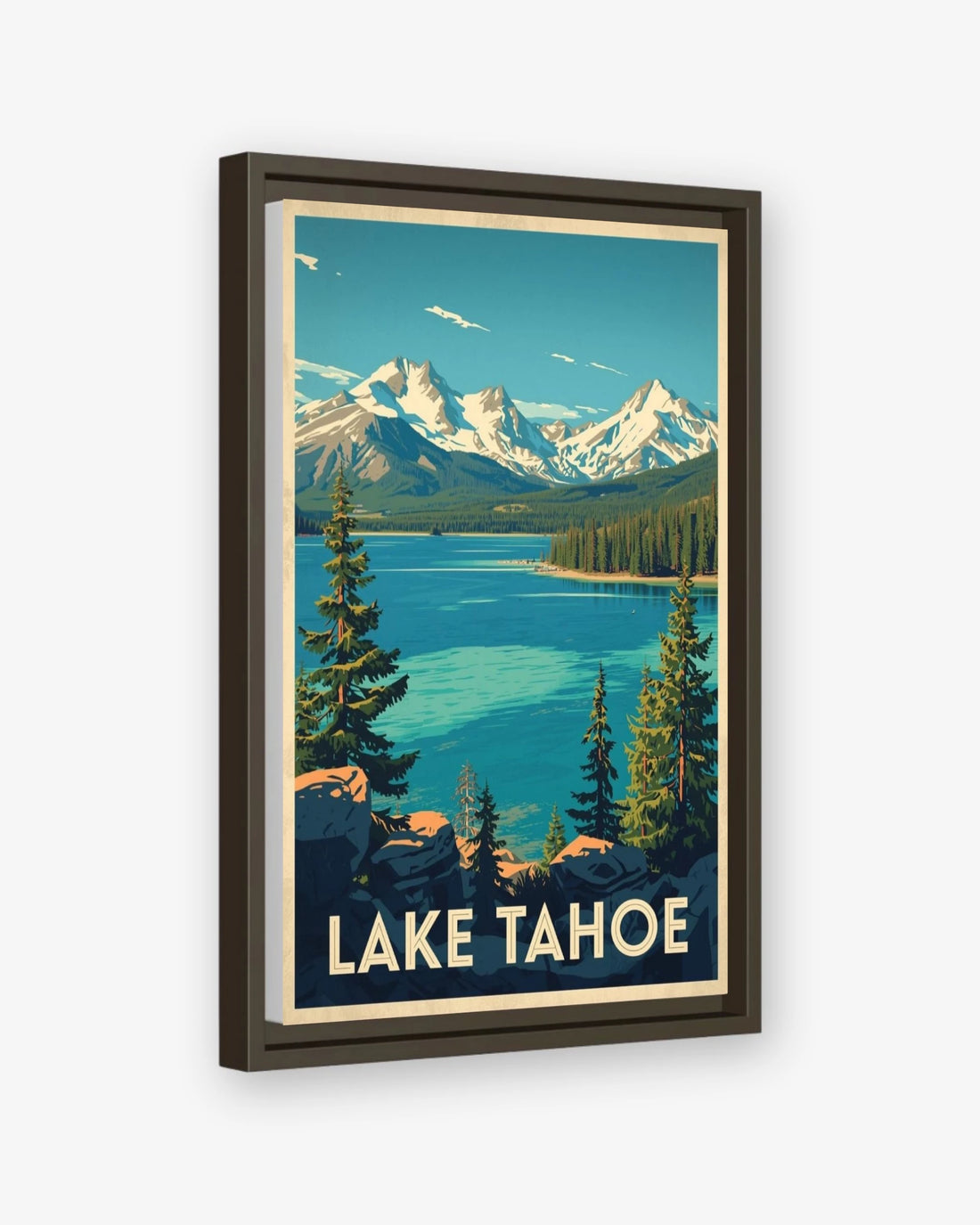 Lake Tahoe travel poster espresso framed canvas
