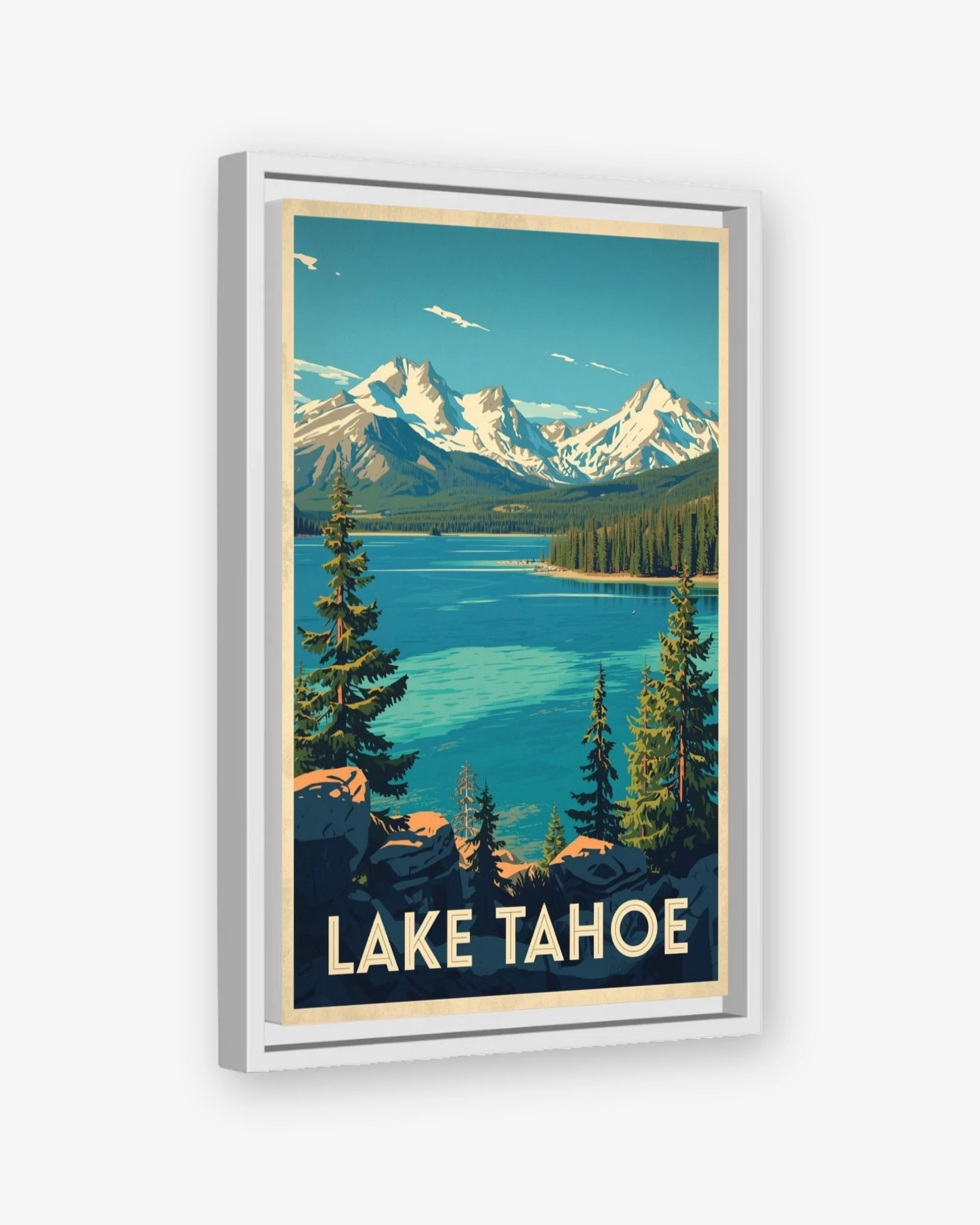 Lake Tahoe travel poster white framed canvas