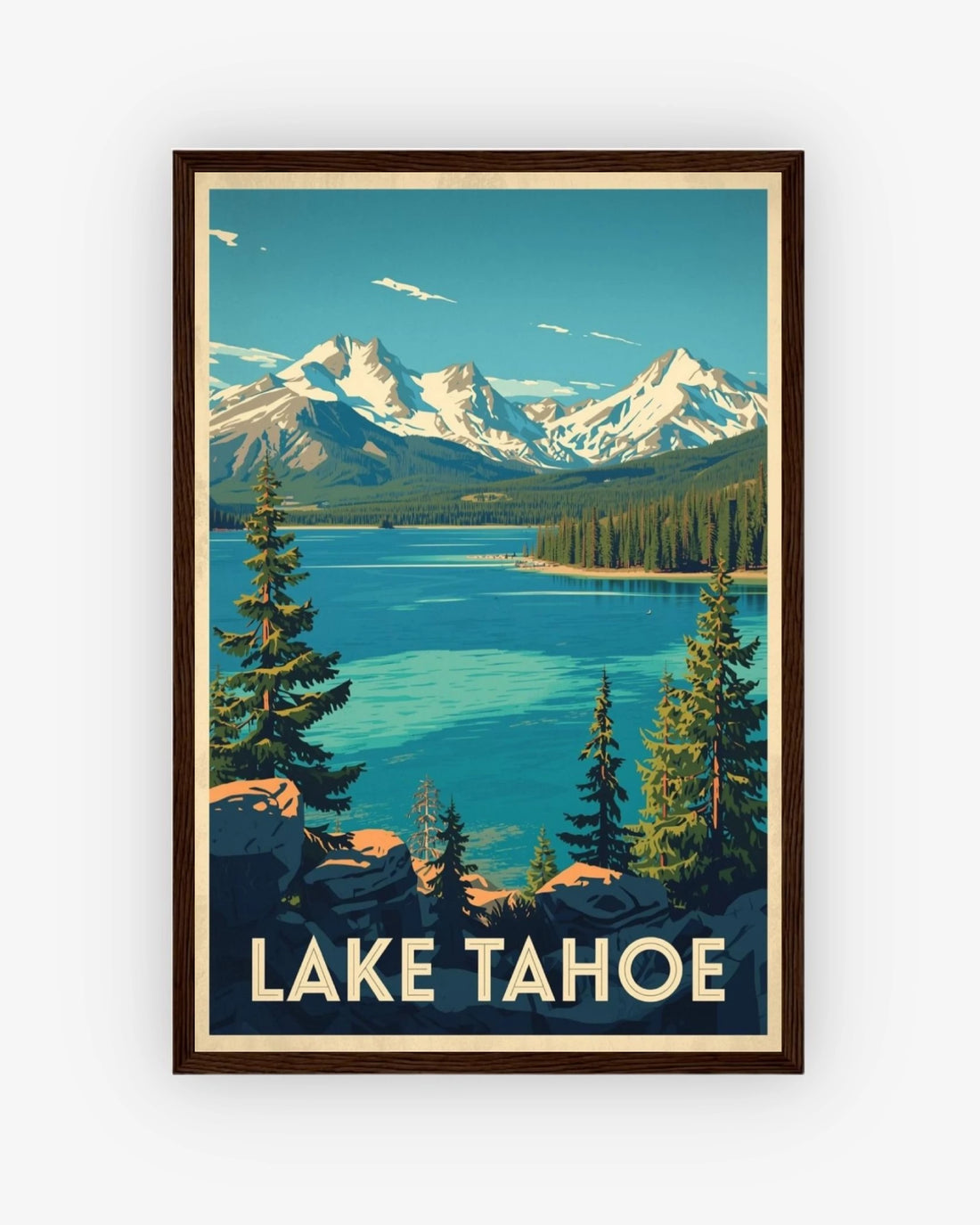 Lake Tahoe travel poster with dark wood frame