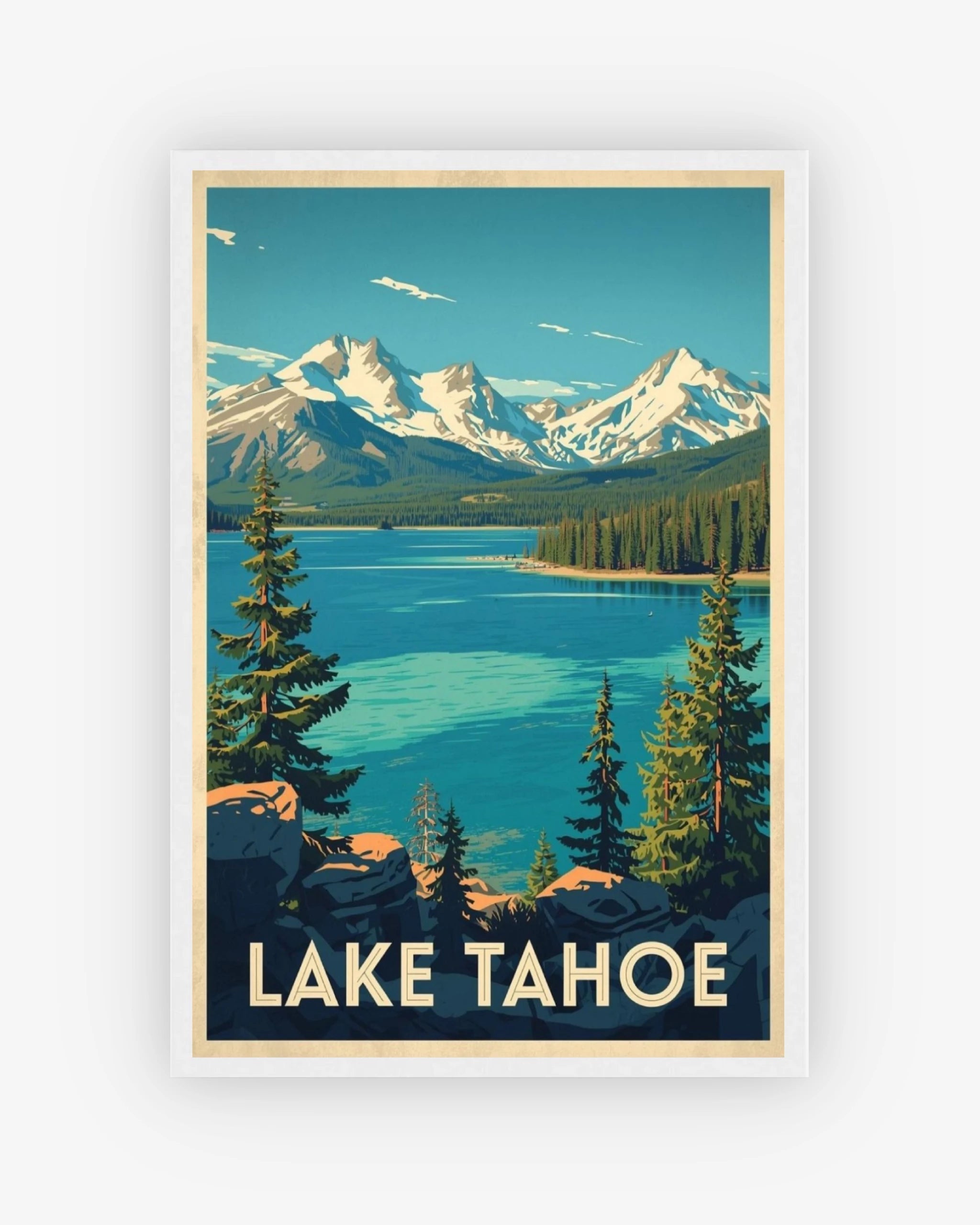 Lake Tahoe travel poster with white frame