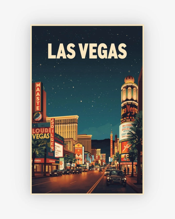 Framed poster of Las Vegas with illuminated signs and buildings.