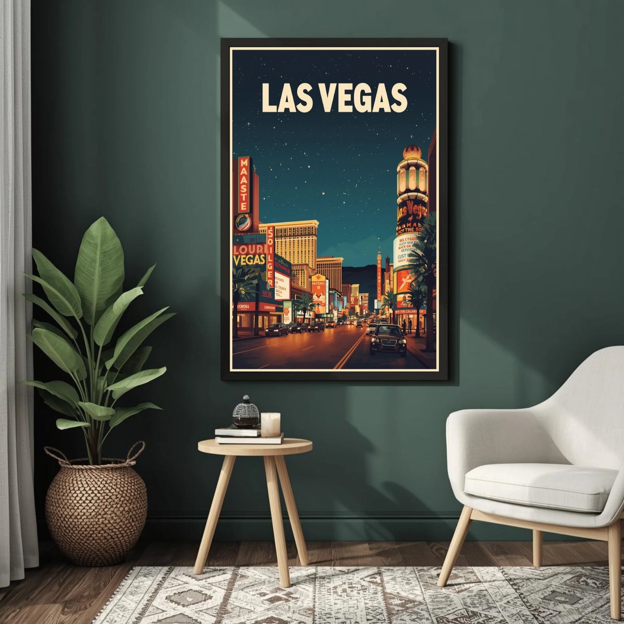 Framed poster of Las Vegas on a wall above a small table with decor items.