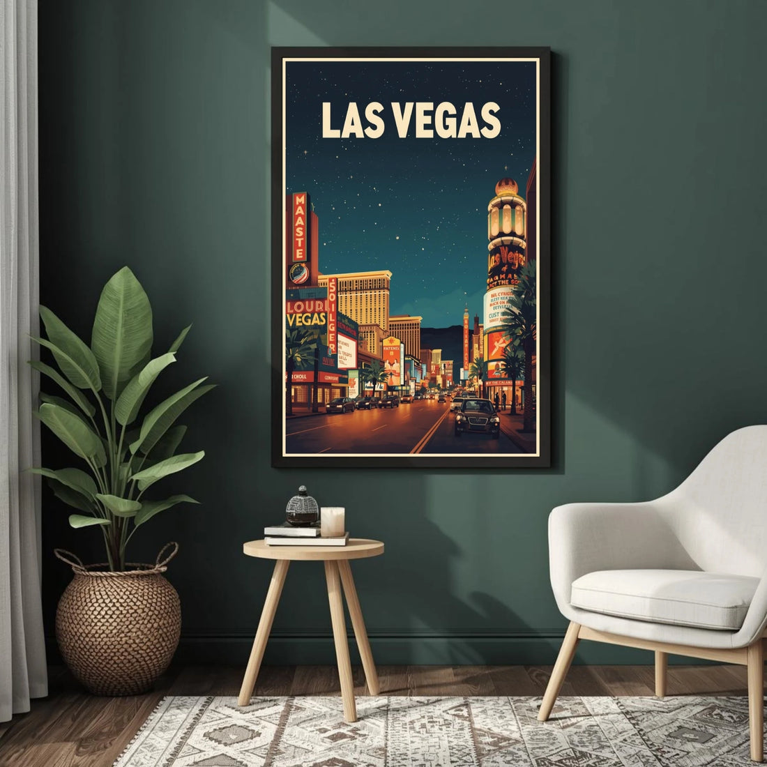 Framed poster of Las Vegas on a wall above a small table with decor items.