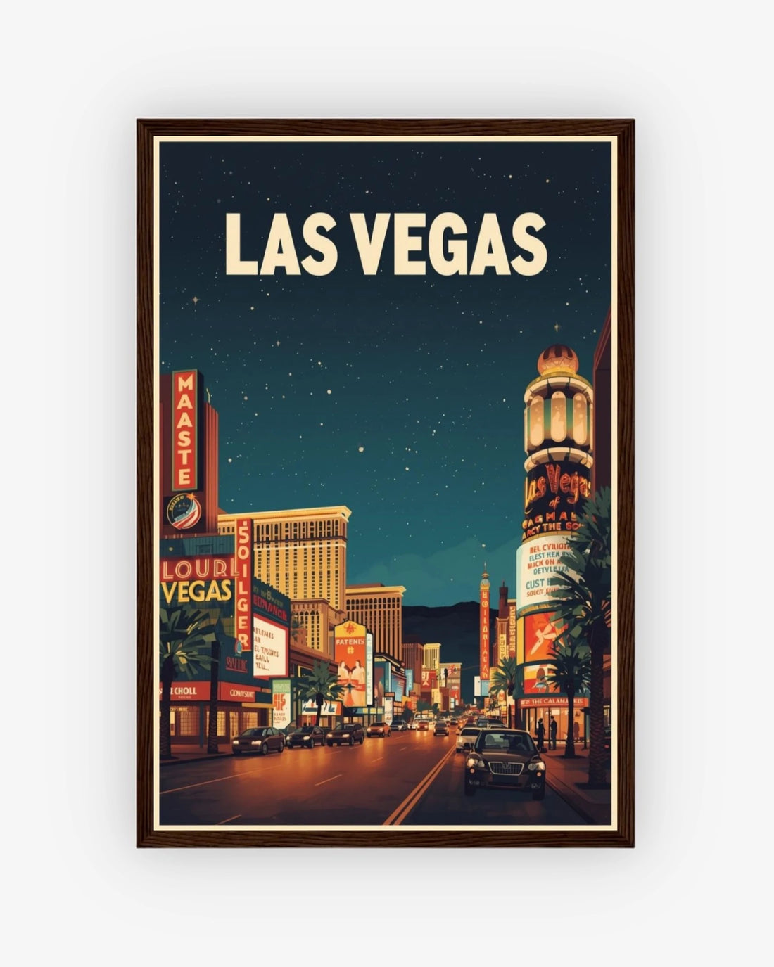Las Vegas travel poster with dark wood frame
