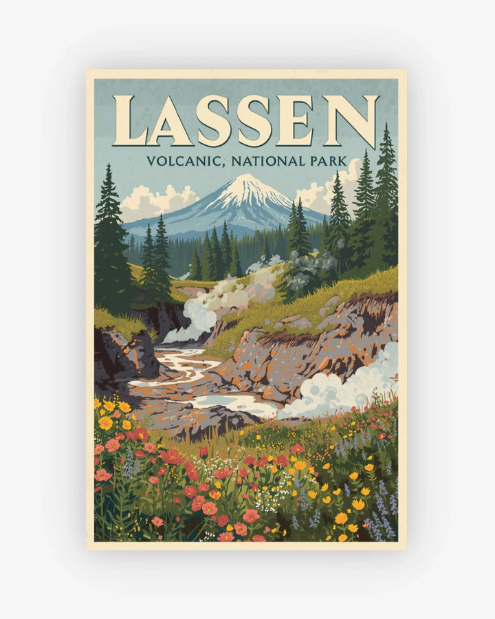 Vintage-style poster of Lassen Volcanic National Park with mountains, trees, and flowers.