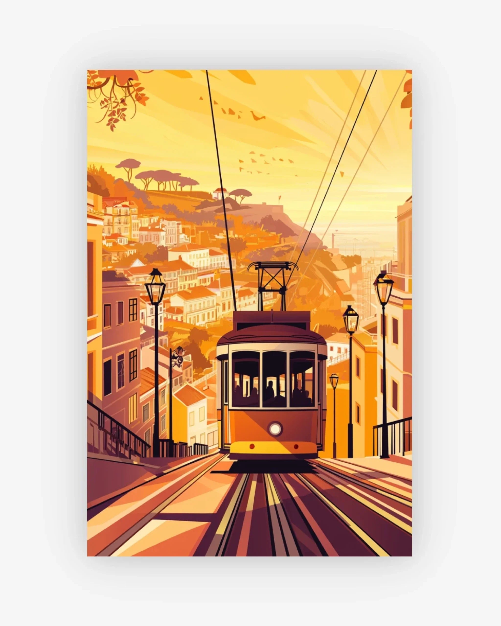 Illustration of a tram on tracks with a cityscape in the background