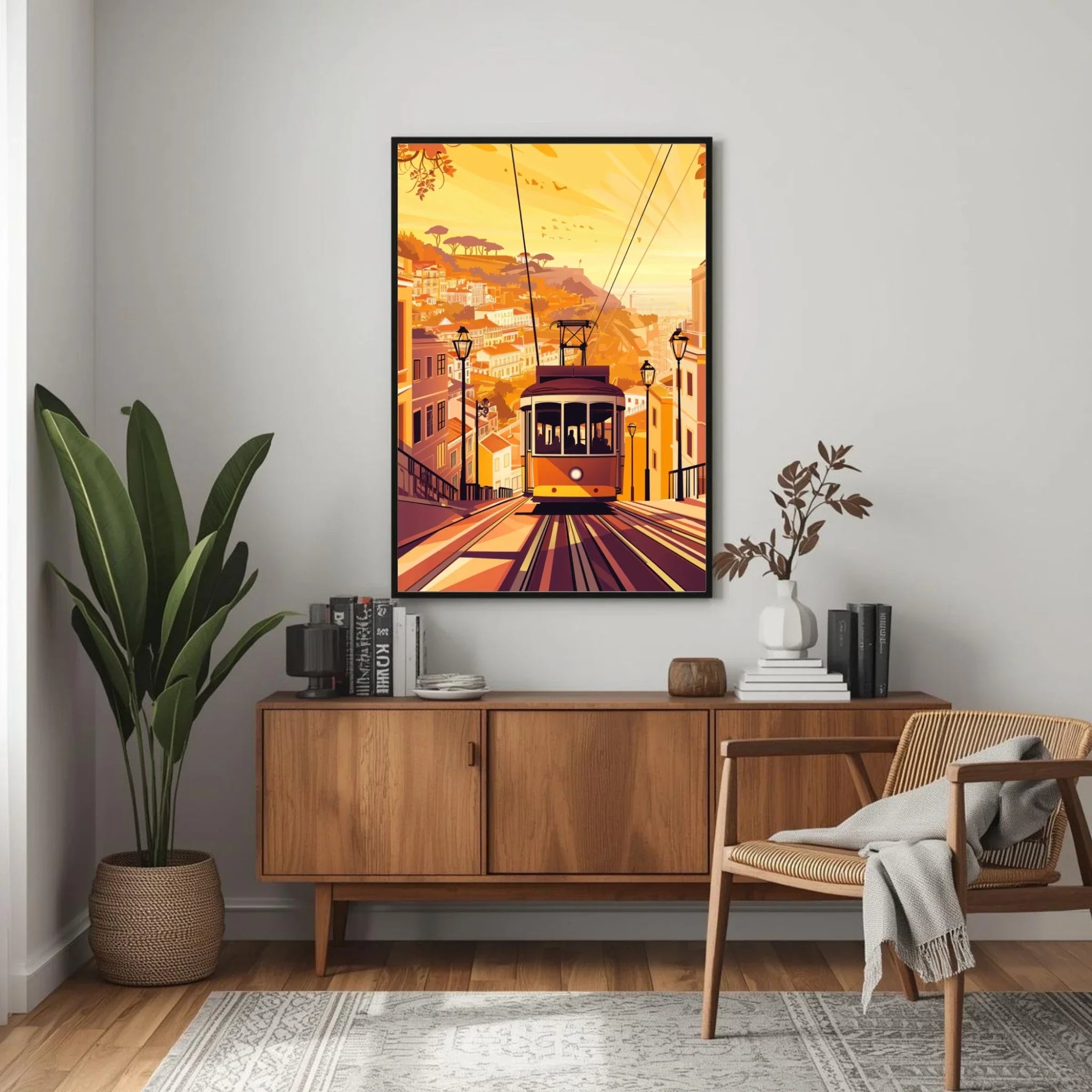 Living room with a wooden sideboard, chair, and framed artwork of a city street scene.