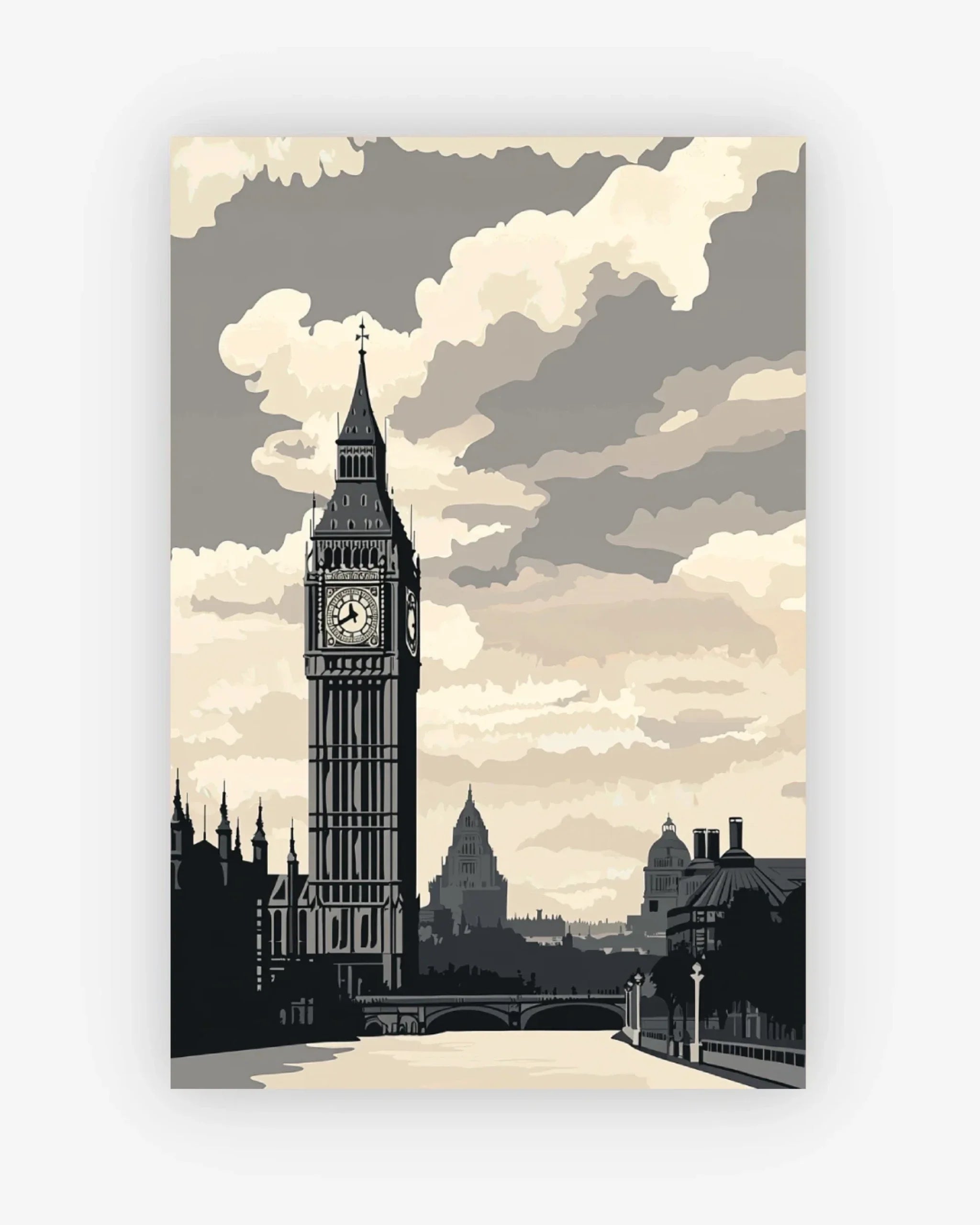 Illustration of Big Ben against a cloudy sky with a cityscape in the background.