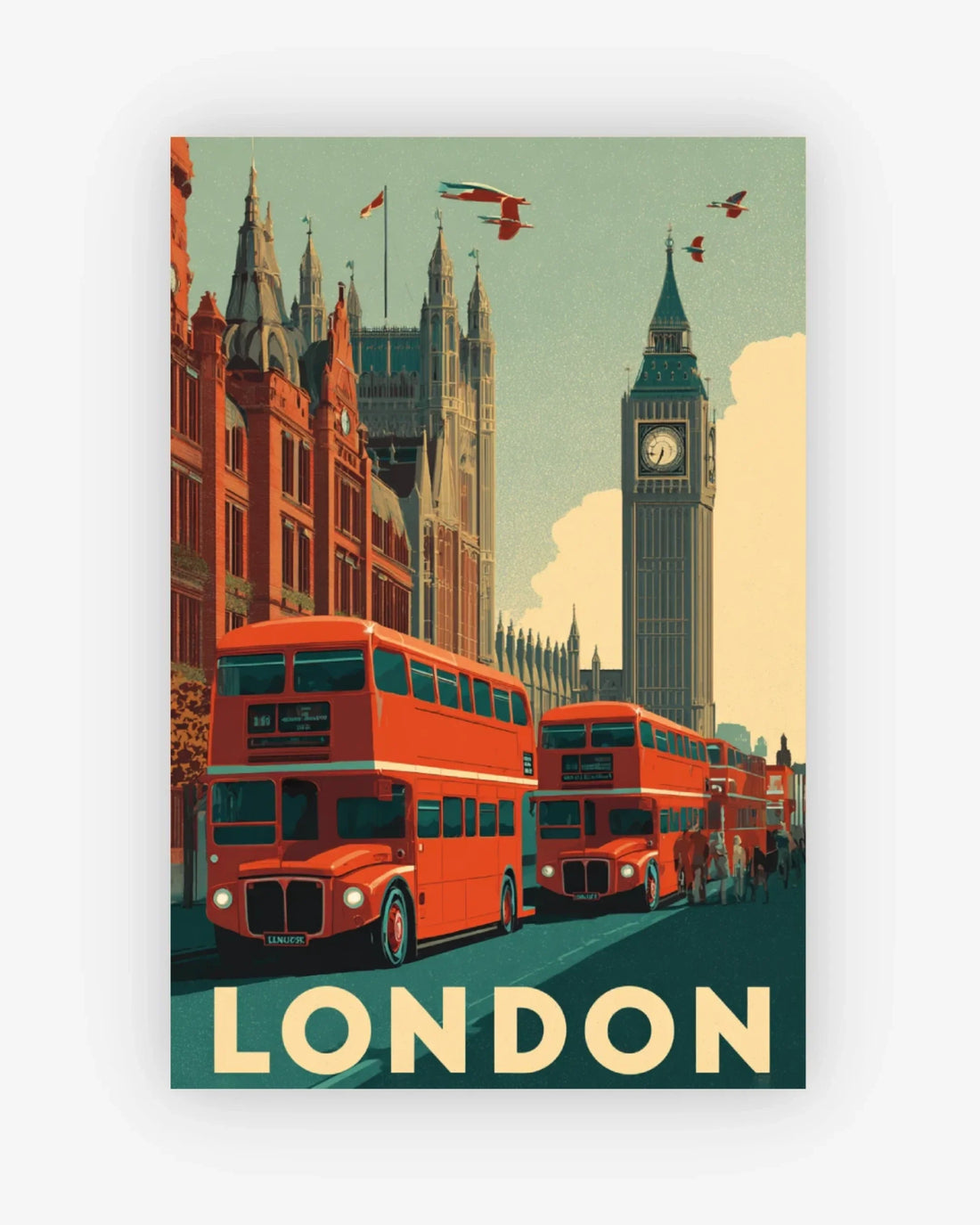 Vintage-style poster of London with red buses and Big Ben.