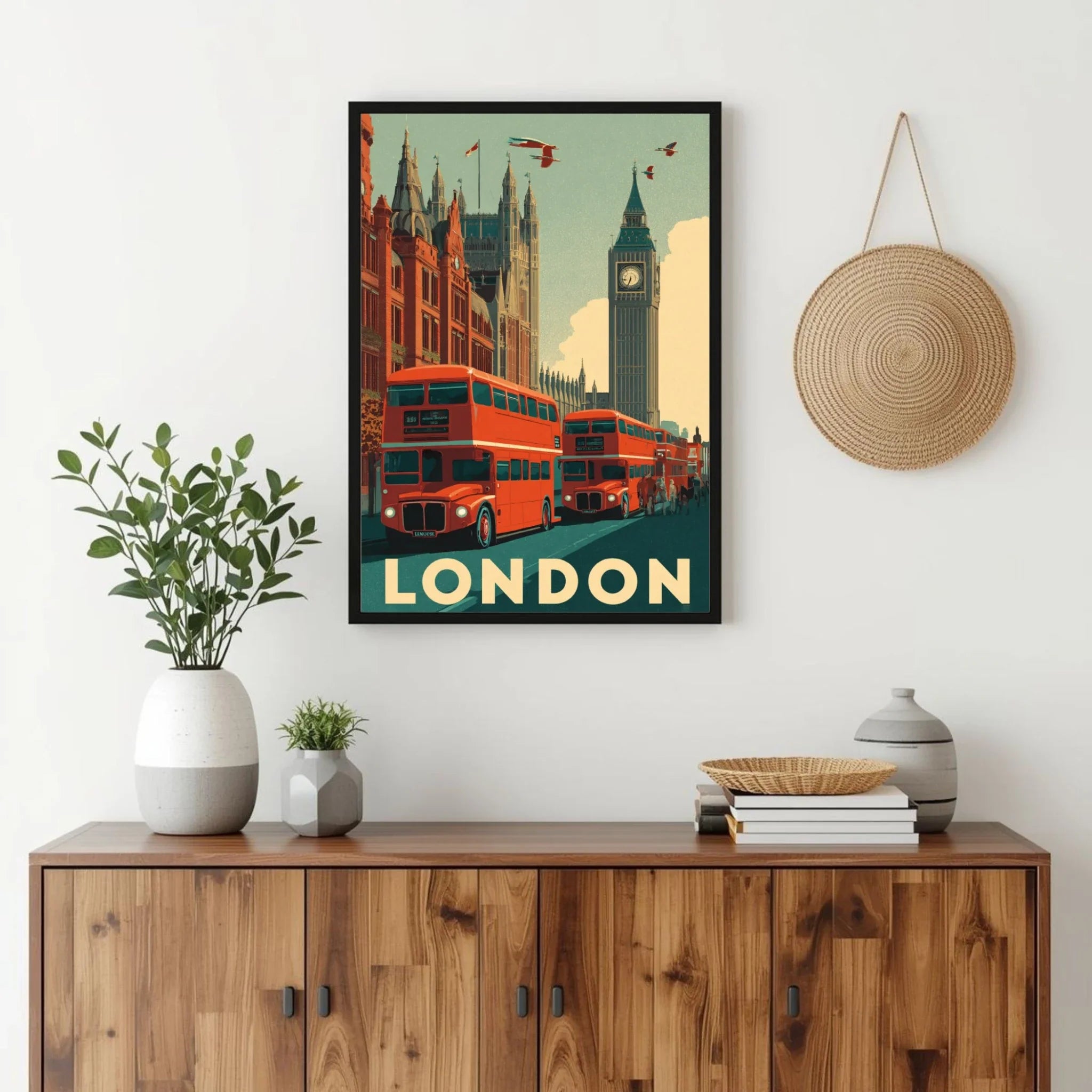 Framed London poster above a wooden cabinet with decorative items.