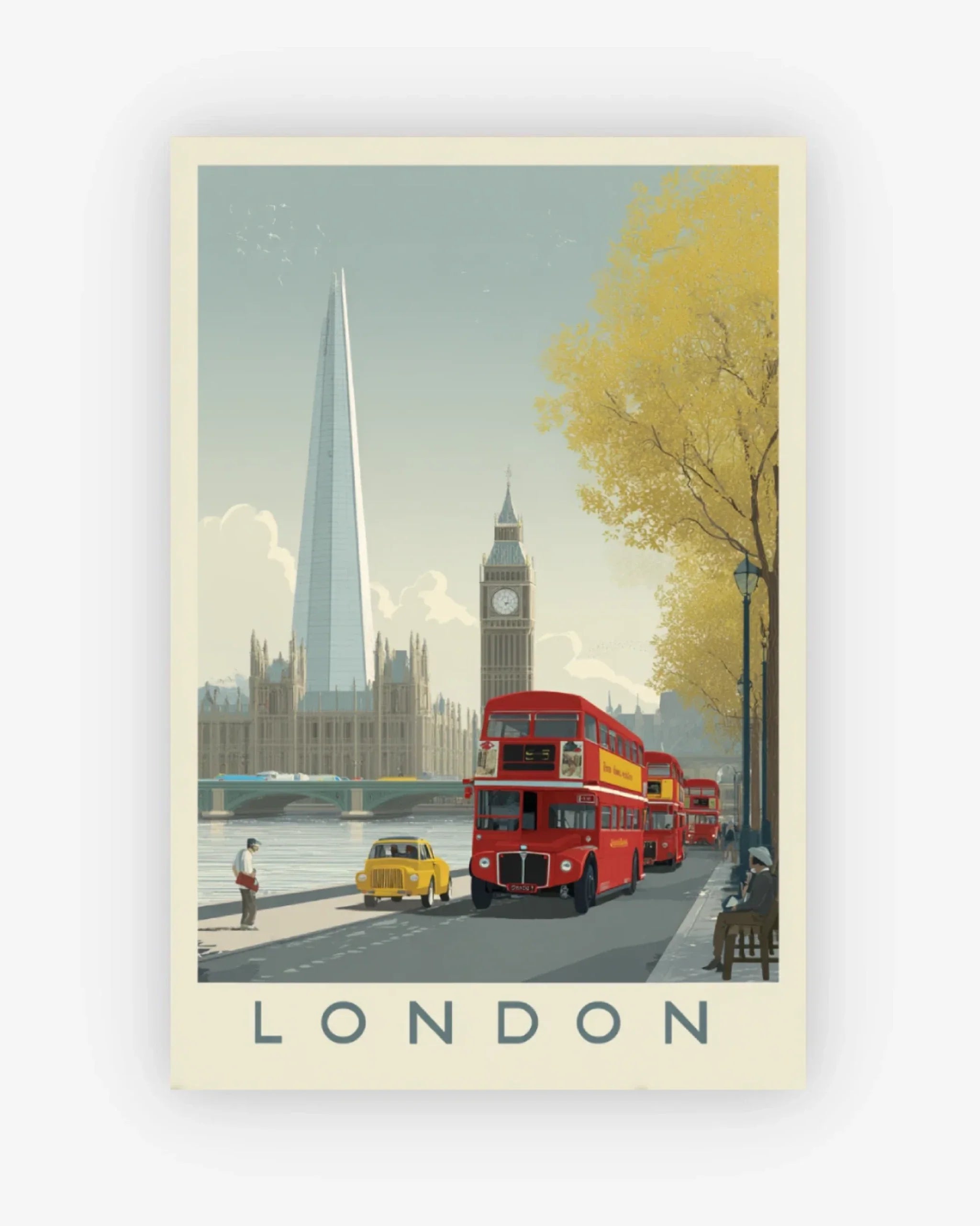 Poster of London with red double-decker buses, Big Ben, and the Shard.
