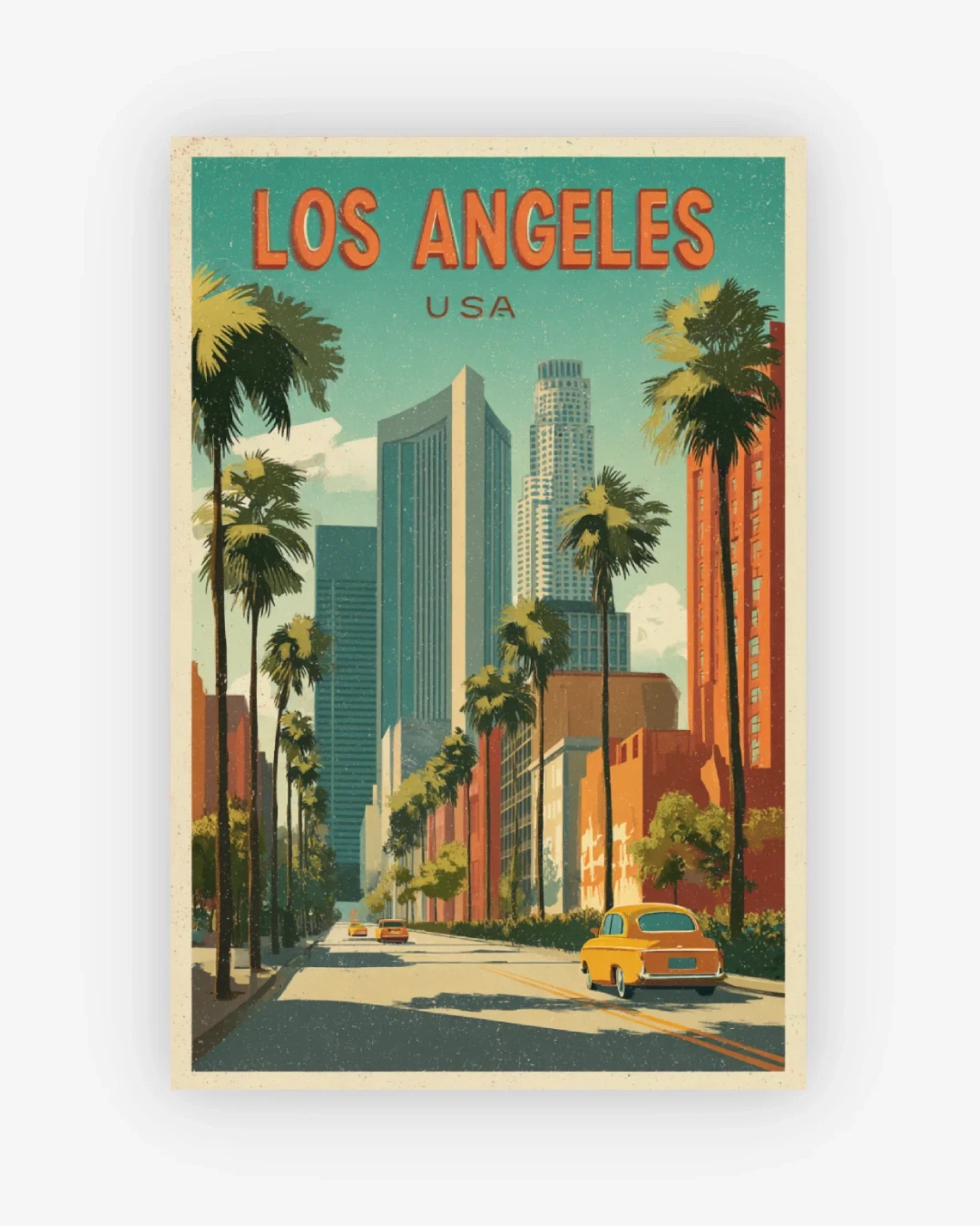 Vintage-style poster of Los Angeles with palm trees and a yellow taxi.