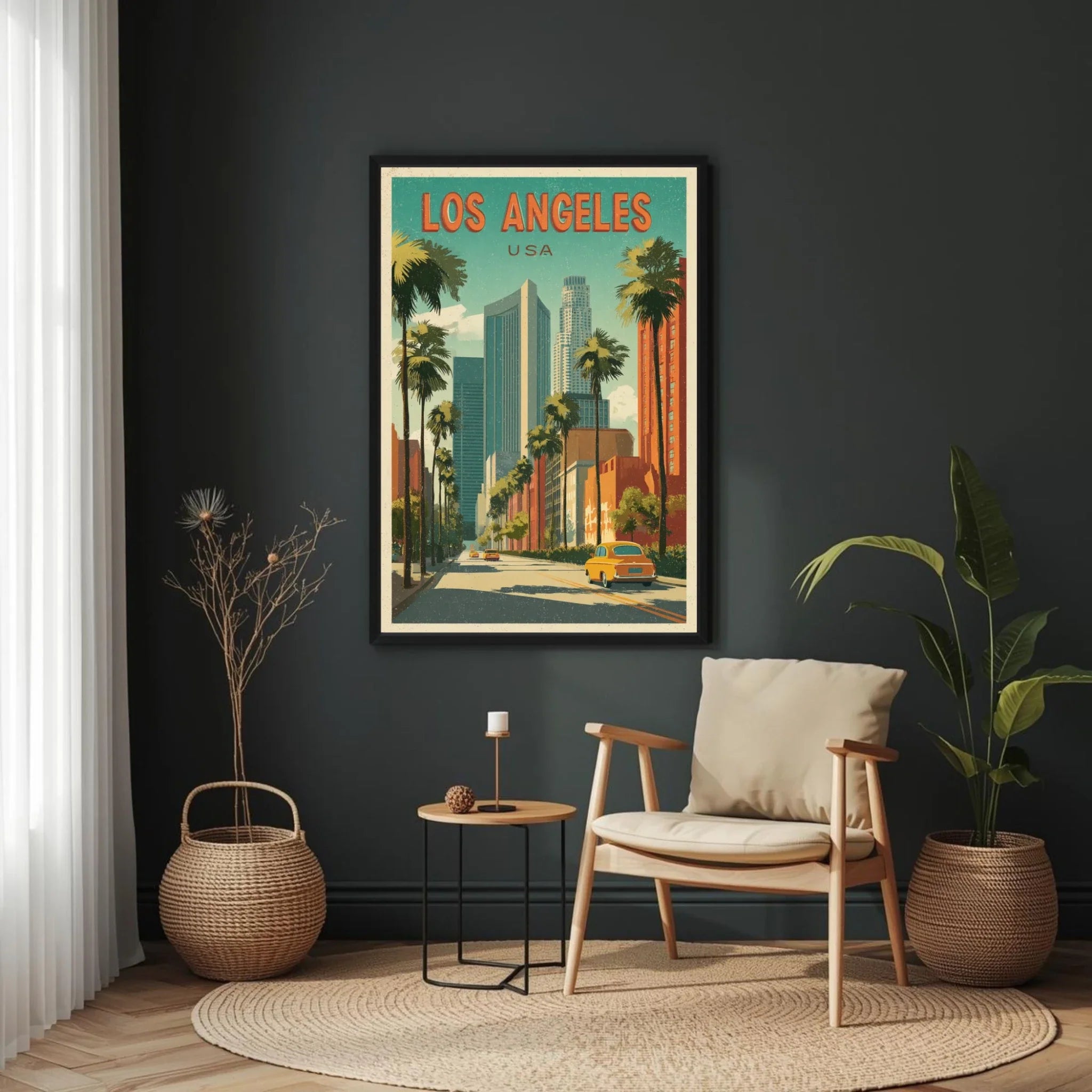 Framed Los Angeles poster on a dark wall with a chair and plants in a room.