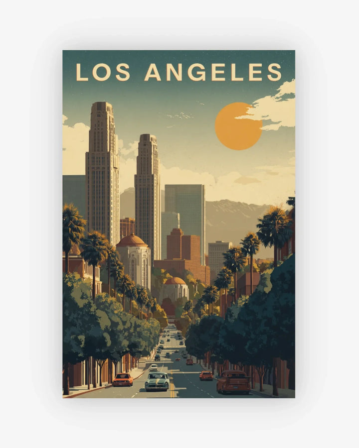 Vintage-style poster of Los Angeles with city skyline and street view.