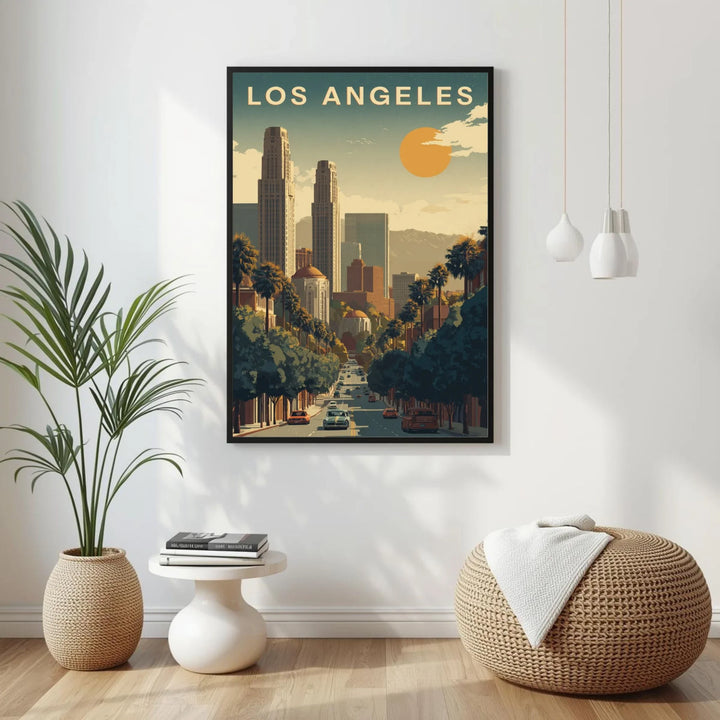 Framed poster of Los Angeles on a wall with decor elements like a plant and ottoman.