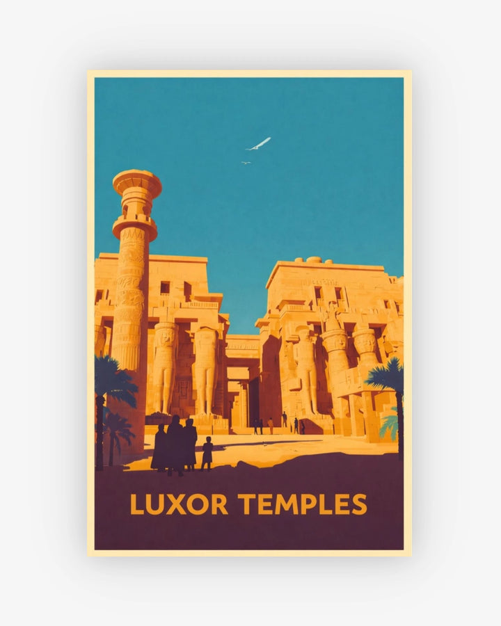 Vintage-style poster of Luxor Temples with a blue sky and palm trees.