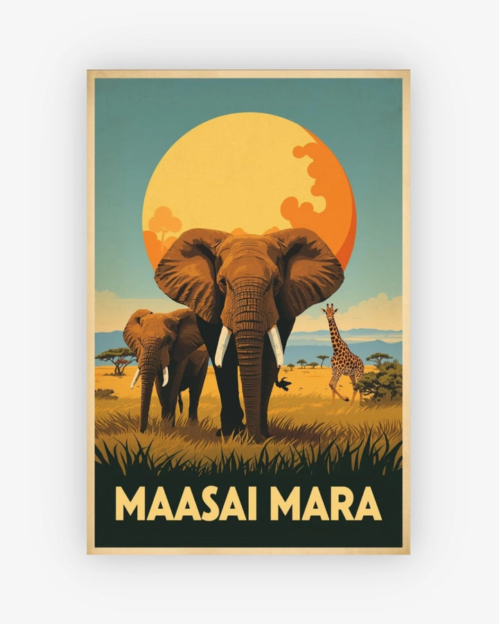 Poster of Maasai Mara with elephants and a giraffe in an African savanna setting.