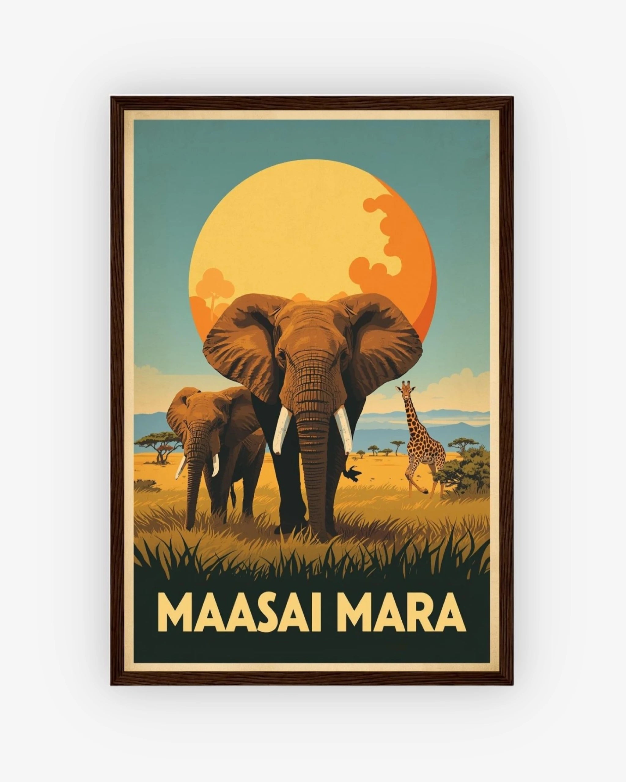 Maasai Mara travel poster with dark wood frame