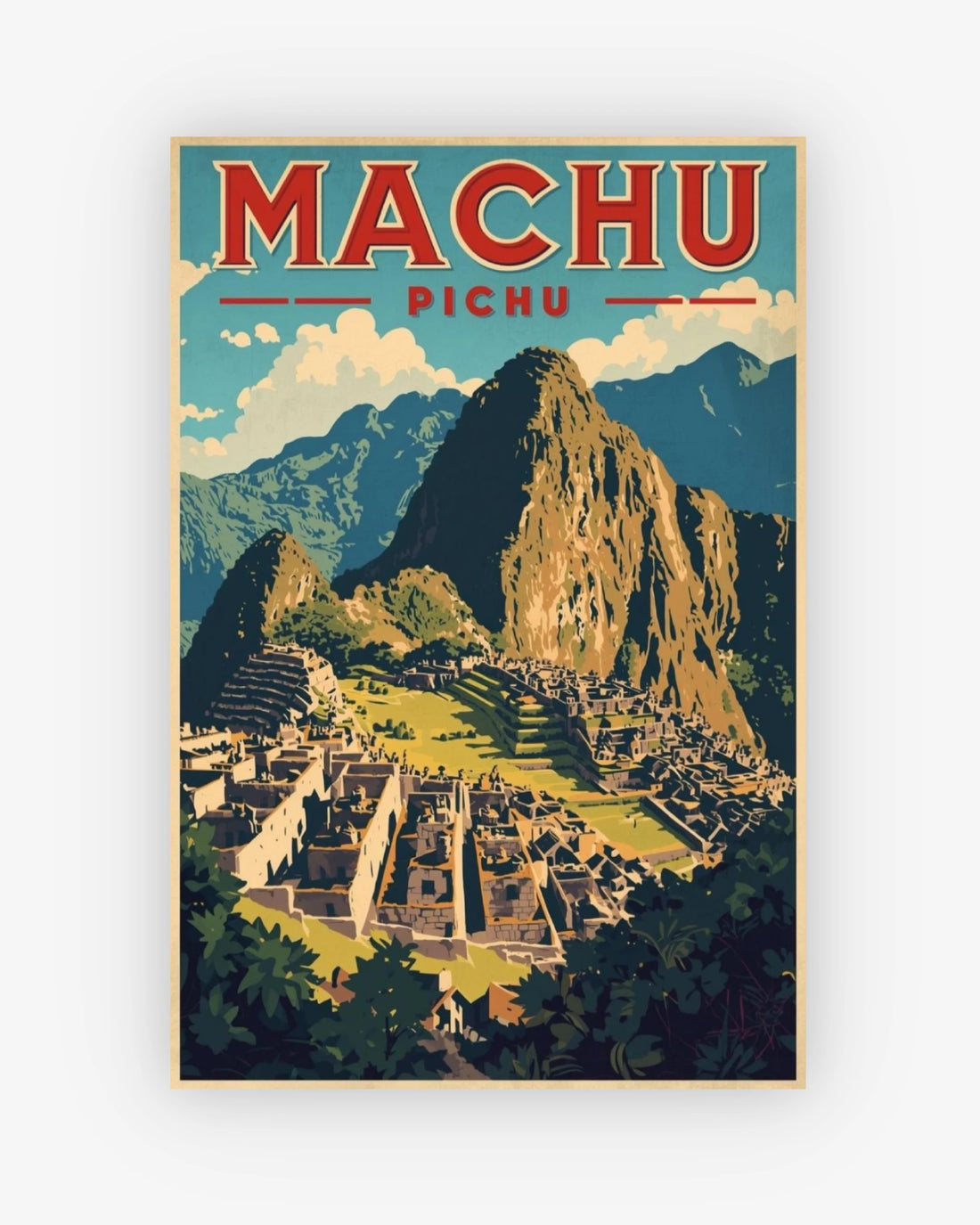 Vintage-style poster of Machu Picchu with mountains and greenery.