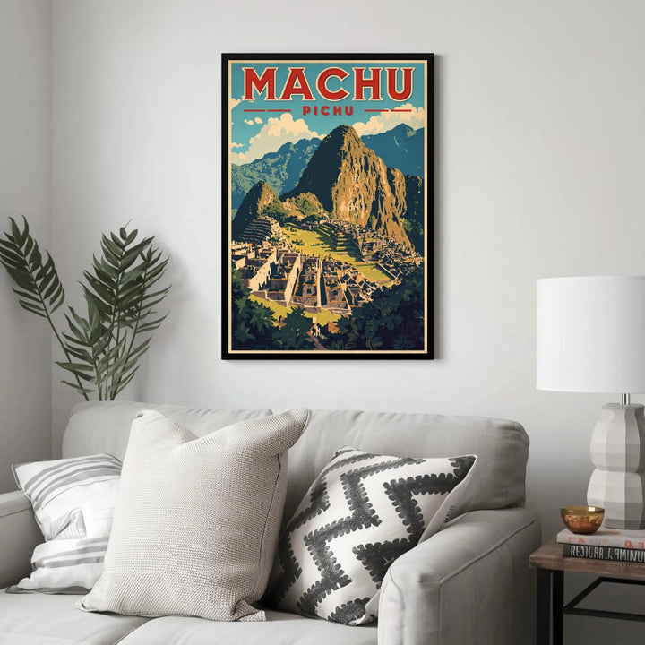 Framed poster of Machu Picchu above a sofa in a living room.