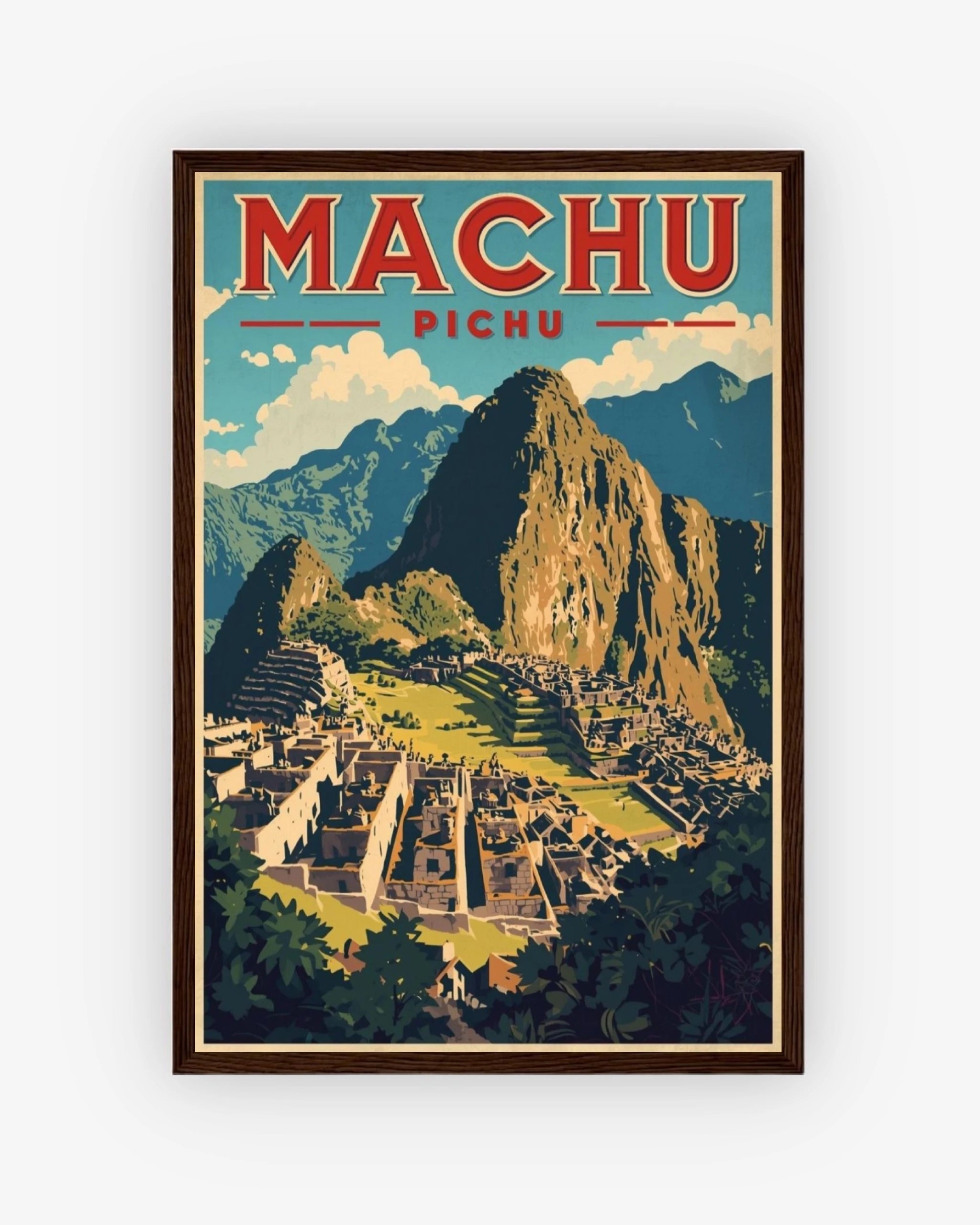 Machu Pichu travel poster with dark wood frame