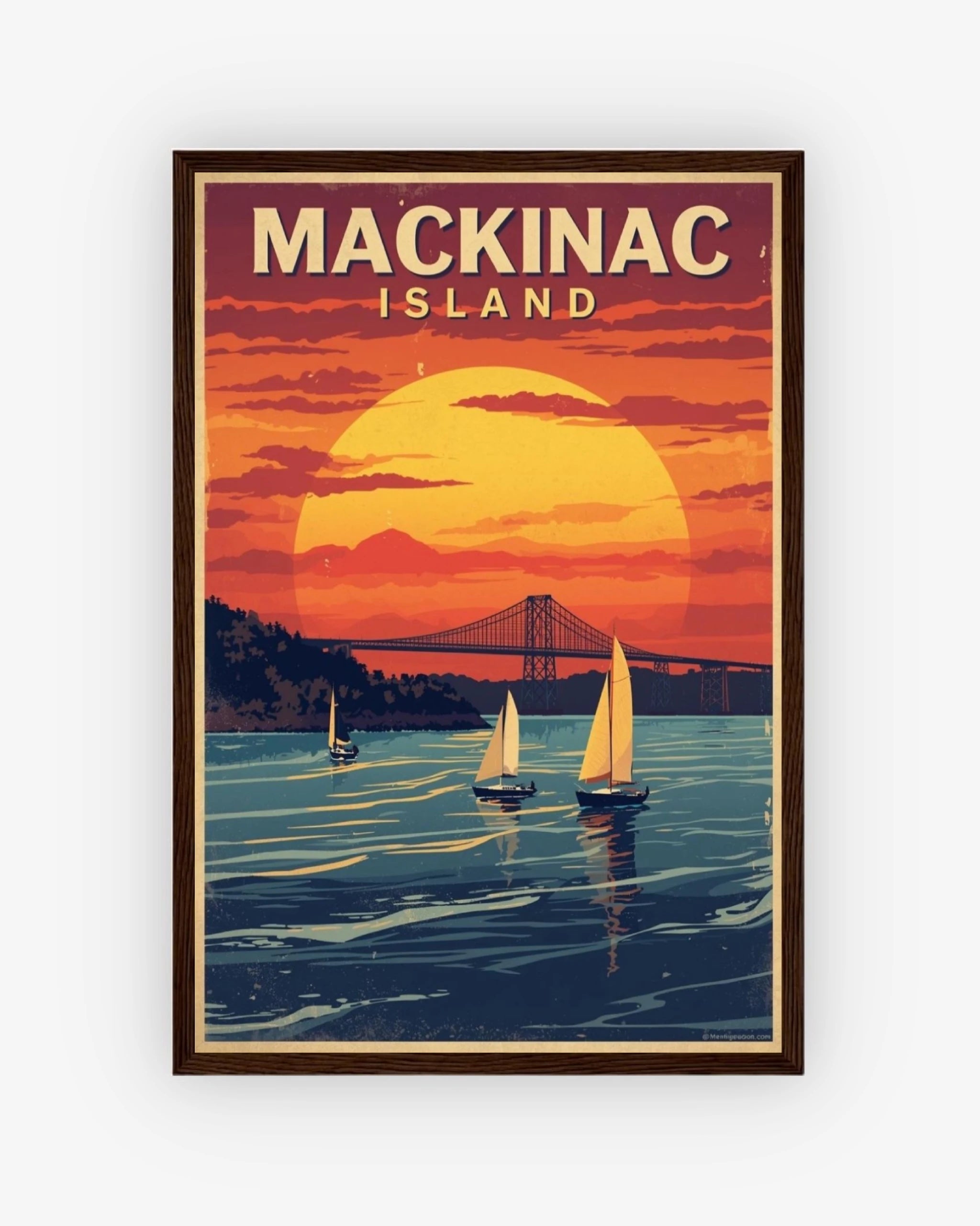 Mackinac Island travel poster with dark wood frame