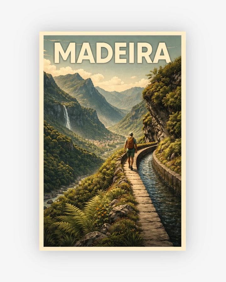 Vintage-style poster of Madeira with a mountain landscape and a person walking on a path.