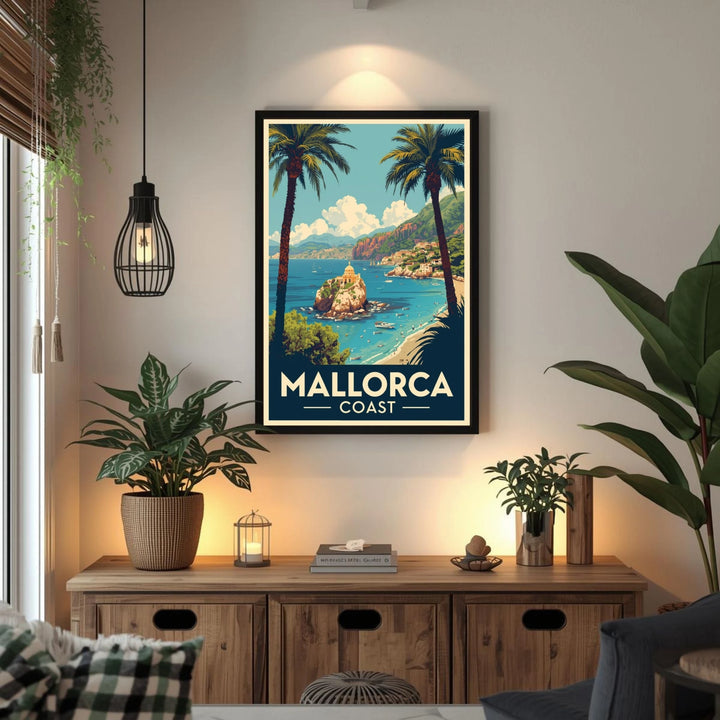 Framed poster of Mallorca Coast in a living room with plants and a wooden cabinet.