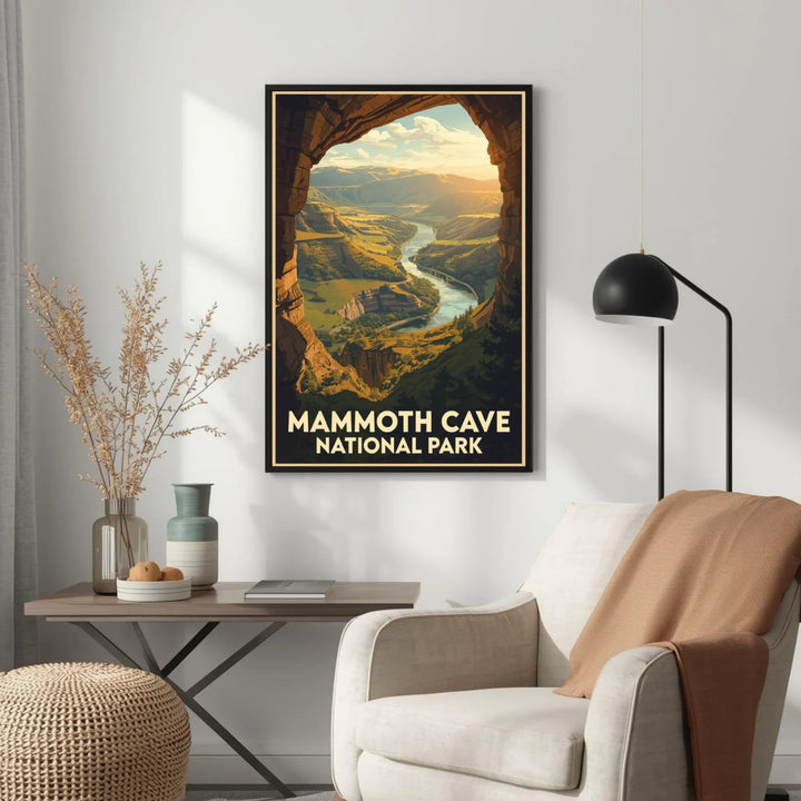 Framed poster of Mammoth Cave National Park in a living room setting.