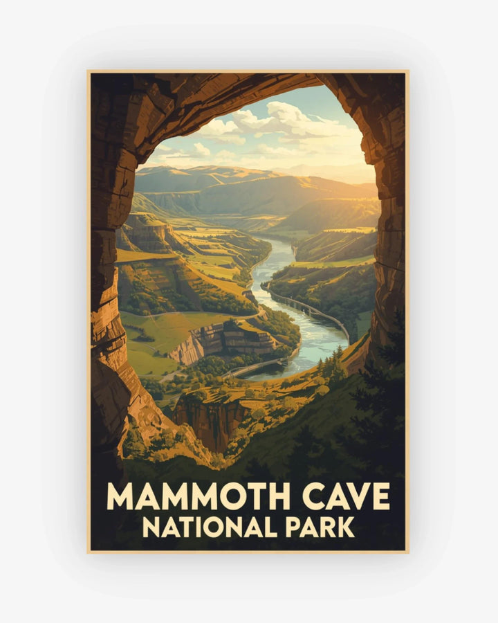 Poster of Mammoth Cave National Park with a scenic view and text.