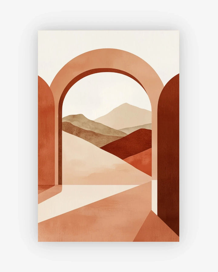 Geometric abstract art print with arches and landscape on a beige background