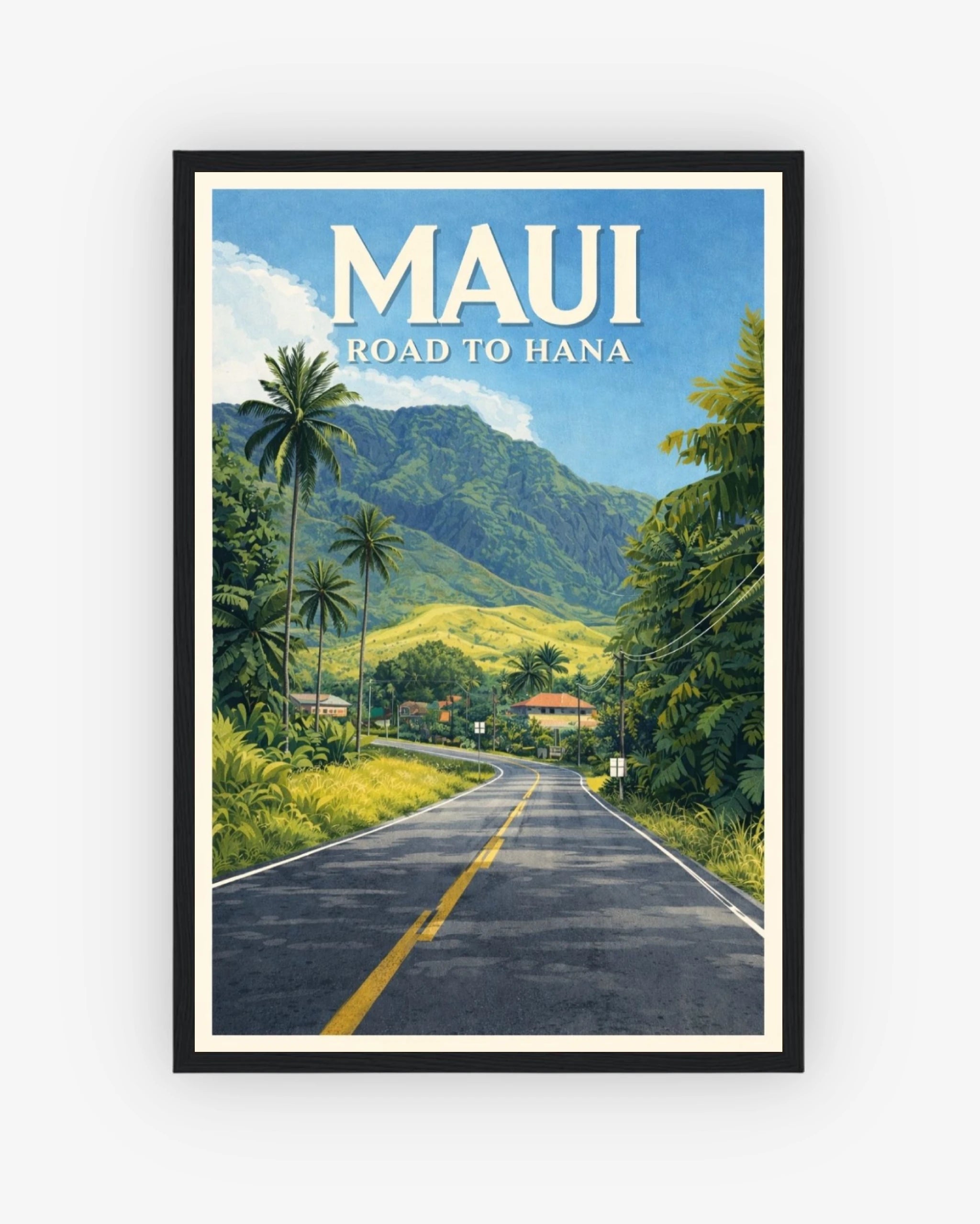 Maui Road to Hana travel poster with black frame