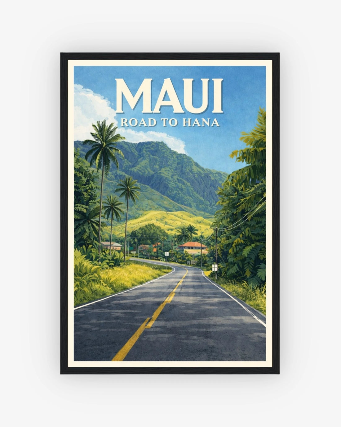 Maui Road to Hana travel poster with black frame