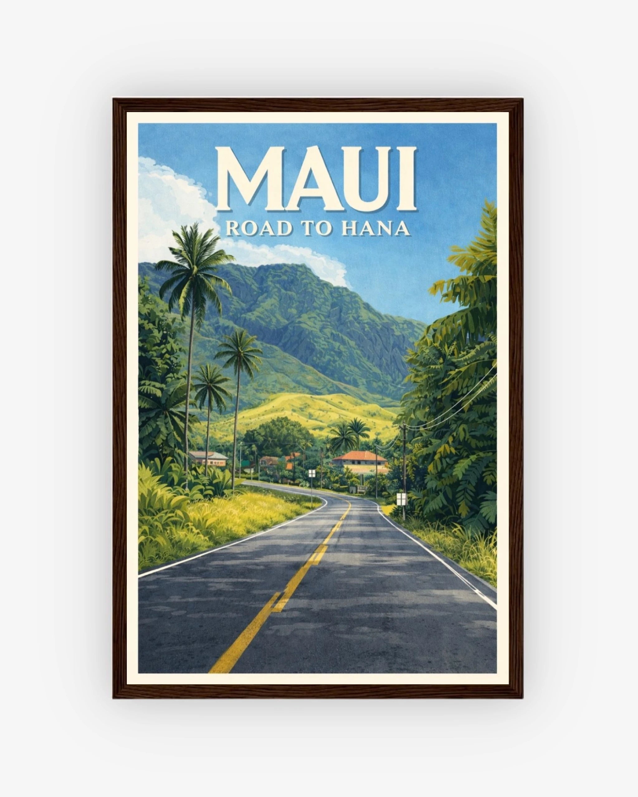 Maui Road to Hana travel poster with dark wood frame