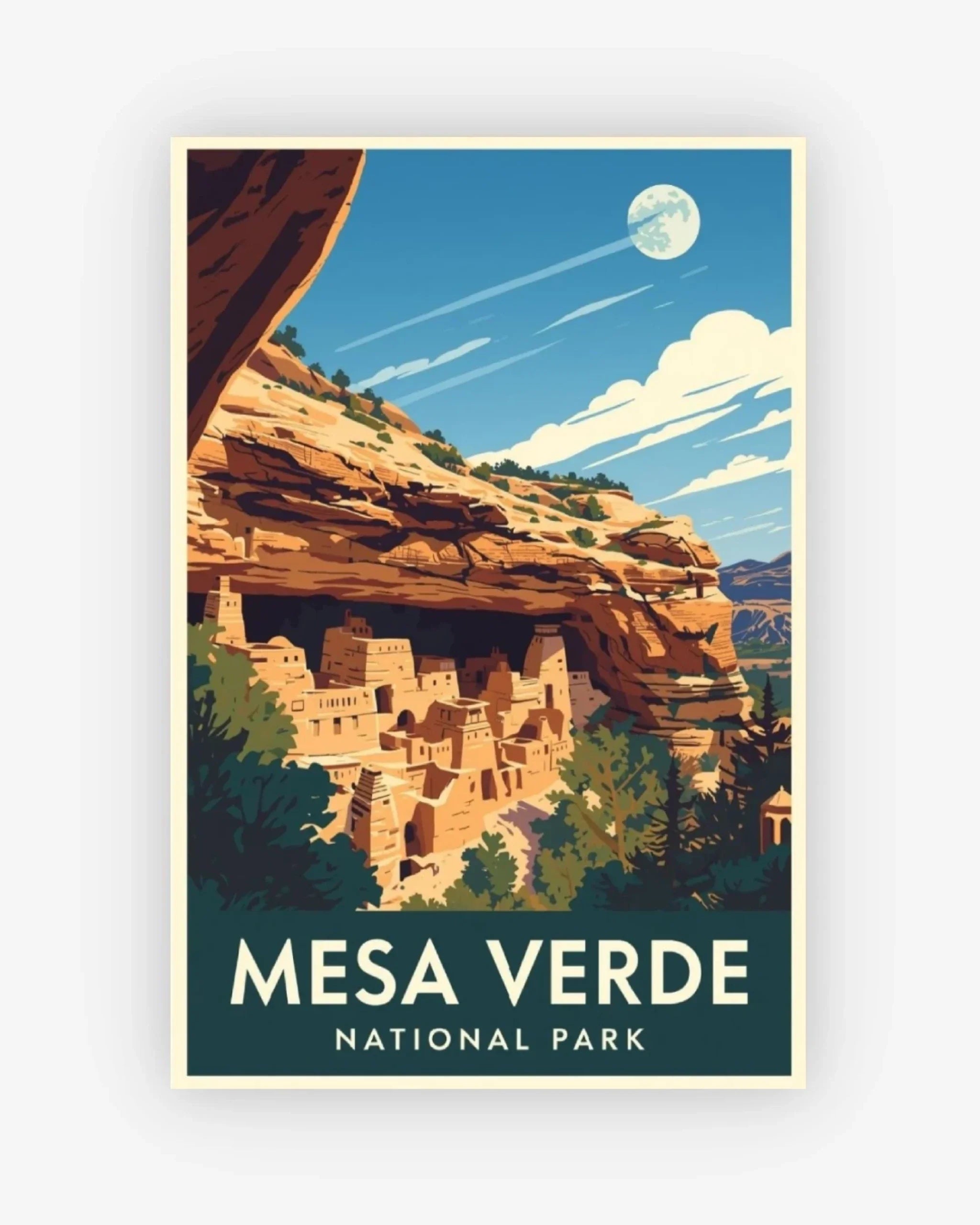 Poster of Mesa Verde National Park with cliff dwellings and a blue sky.