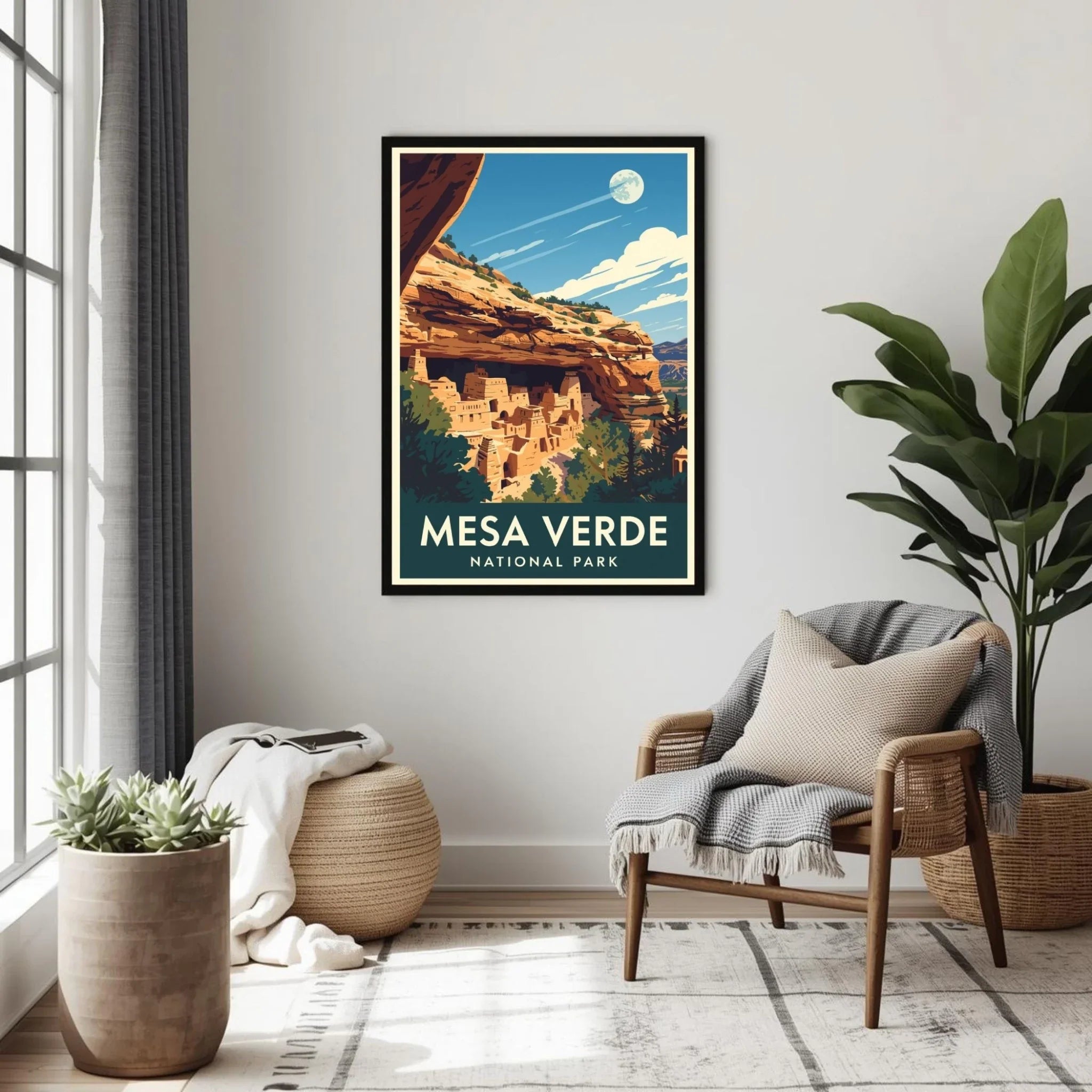 Framed poster of Mesa Verde National Park in a living room setting with a chair and plants.