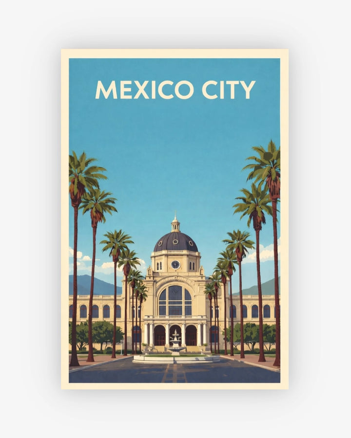 Poster of a building with palm trees and 'Mexico City' text on a blue background