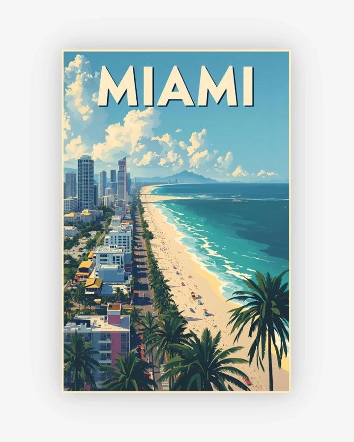 Vintage-style poster of Miami with beach, palm trees, and city skyline.