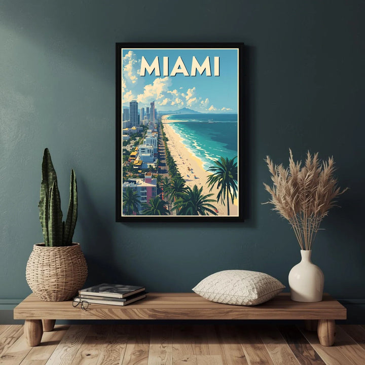 Framed poster of Miami on a wall above a wooden shelf with decorative items.