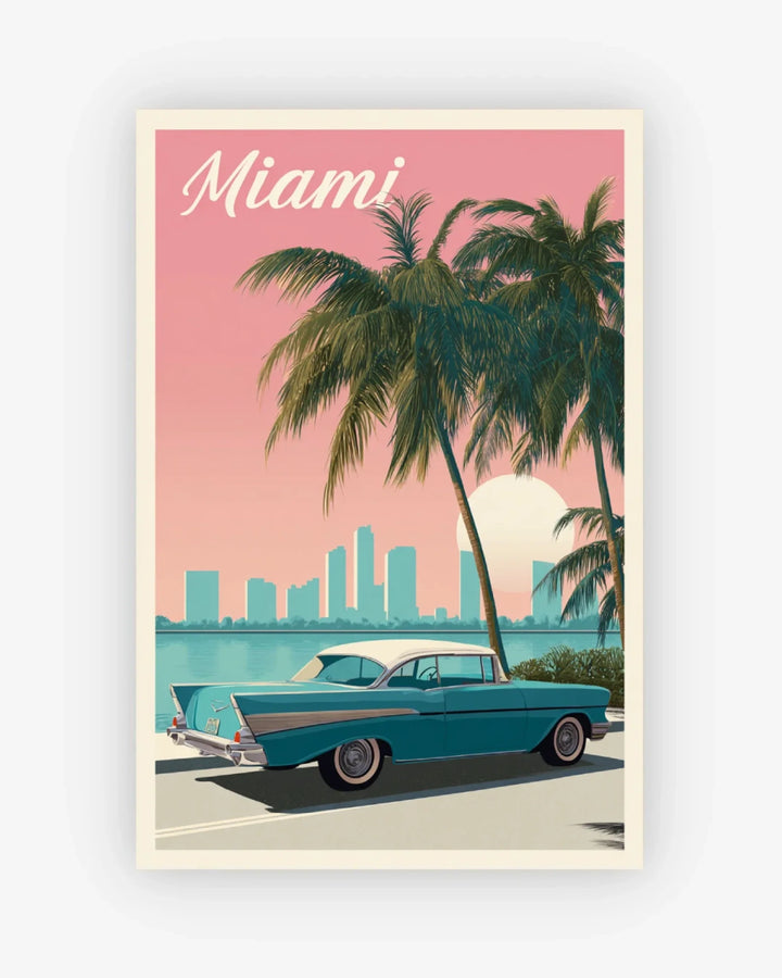 Vintage-style poster of a classic car by a palm tree with 'Miami' text on a pink sky.