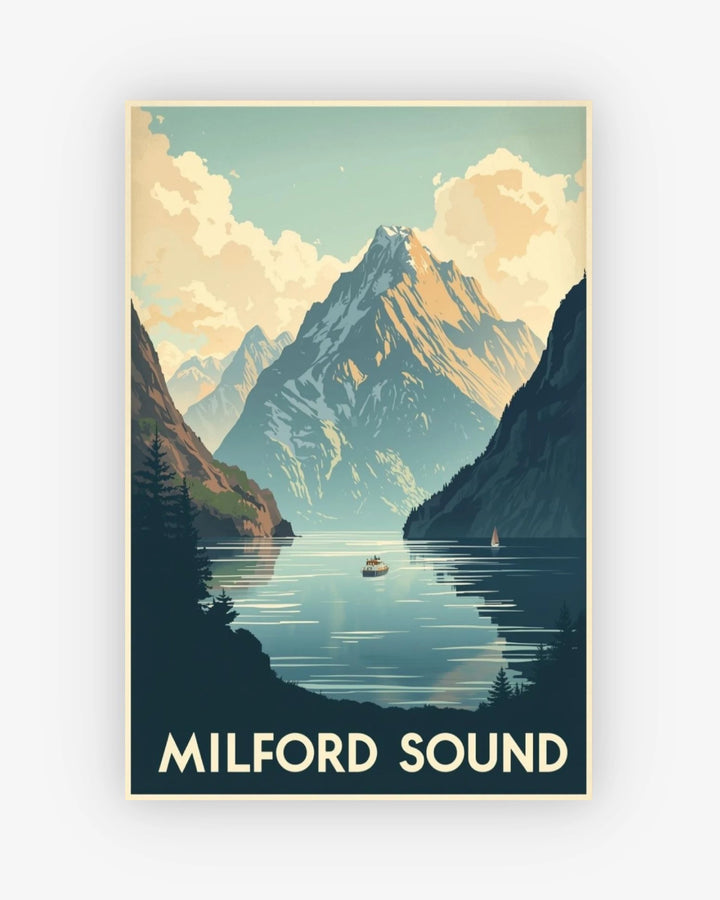 Vintage-style poster of Milford Sound with mountains and lake.